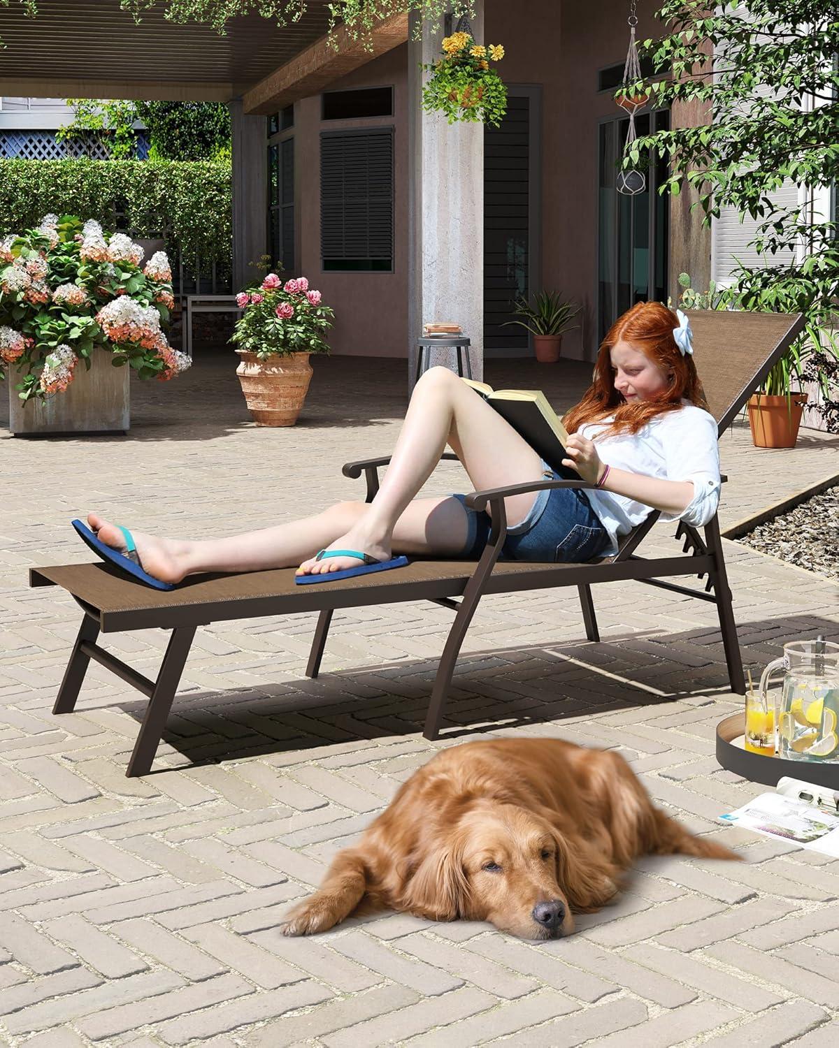 Outdoor Aluminum Adjustable Chaise Lounge Chair with Arms - Brown - Crestlive Products