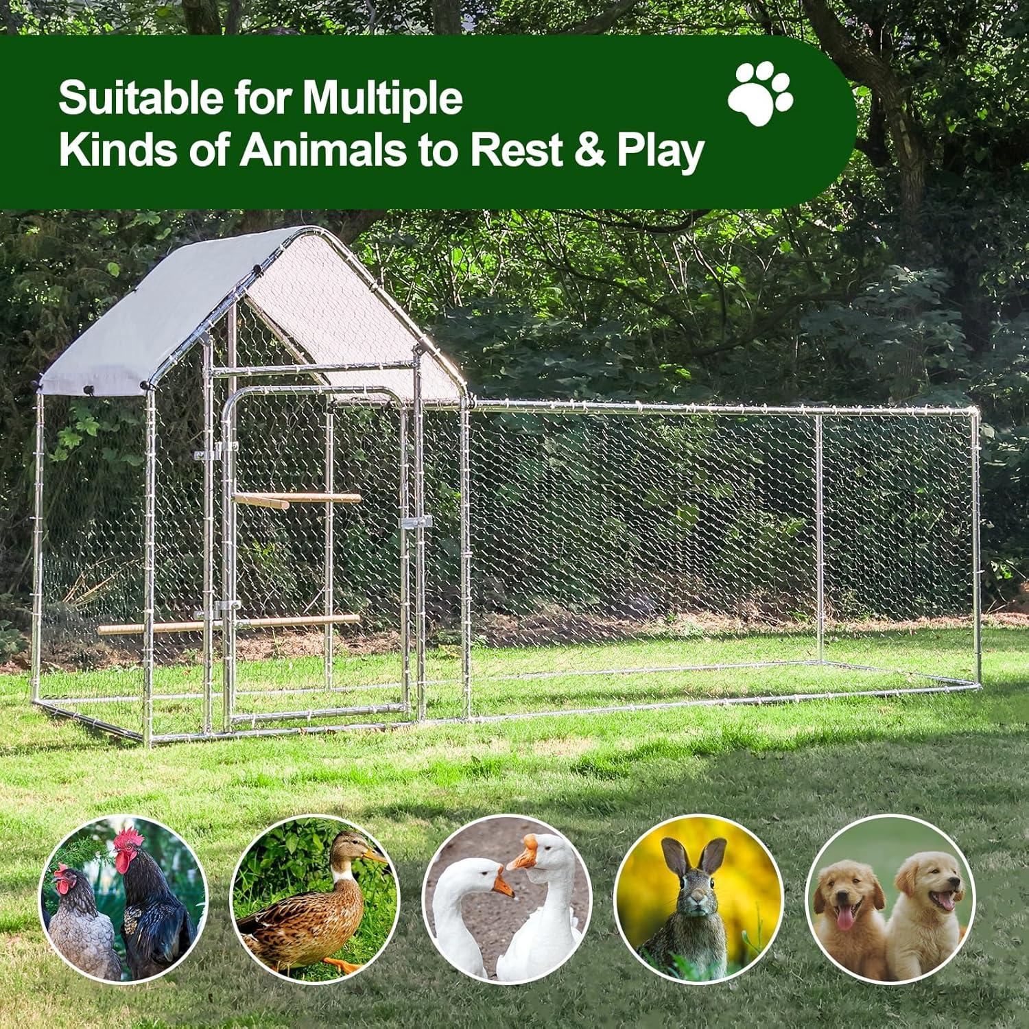 Large Metal Chicken Coop Run, Outdoor Walk-in Poultry Cage with Spire Roof, for Hen House, Duck Coop and Rabbit Run, Silver (9.8' L x 3.28' W x 4.92' H)