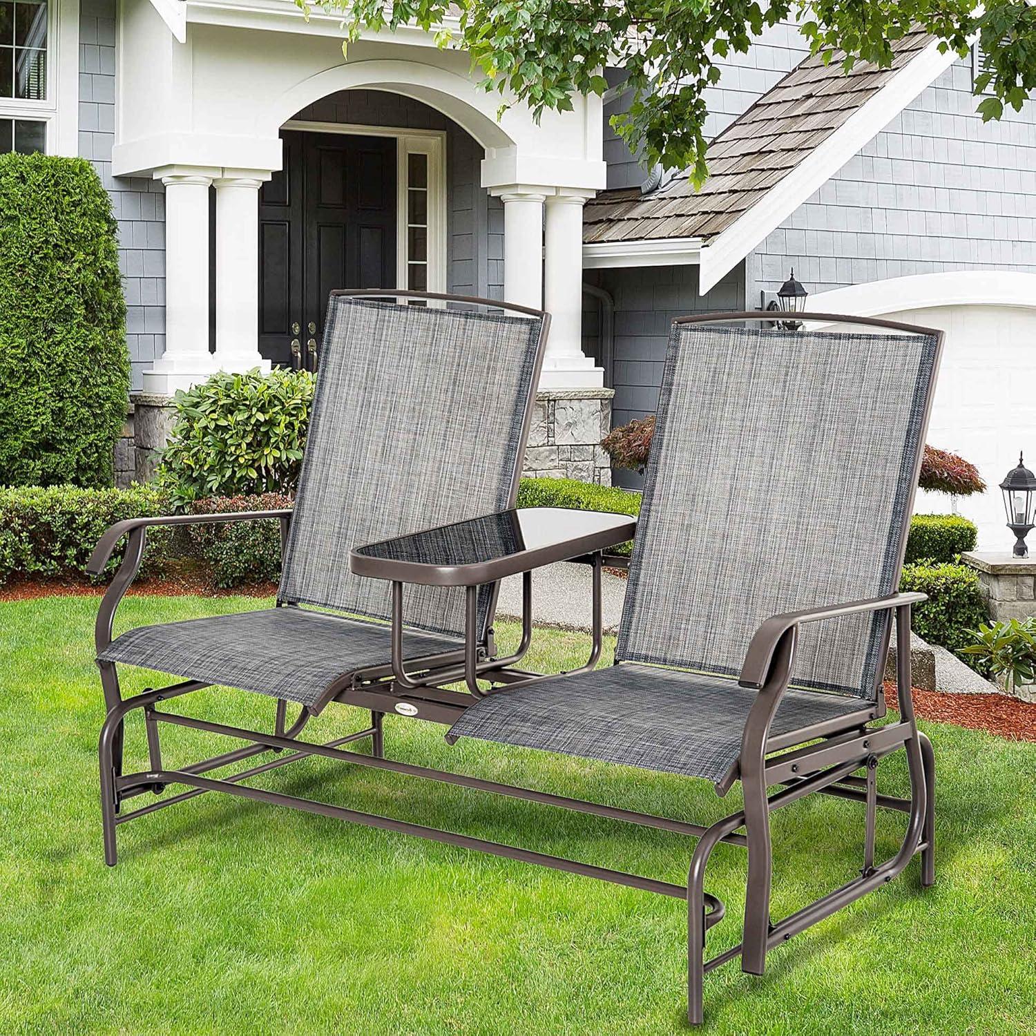 Twin Comfort Outdoor Glider Bench with Center Table, Brown and Gray
