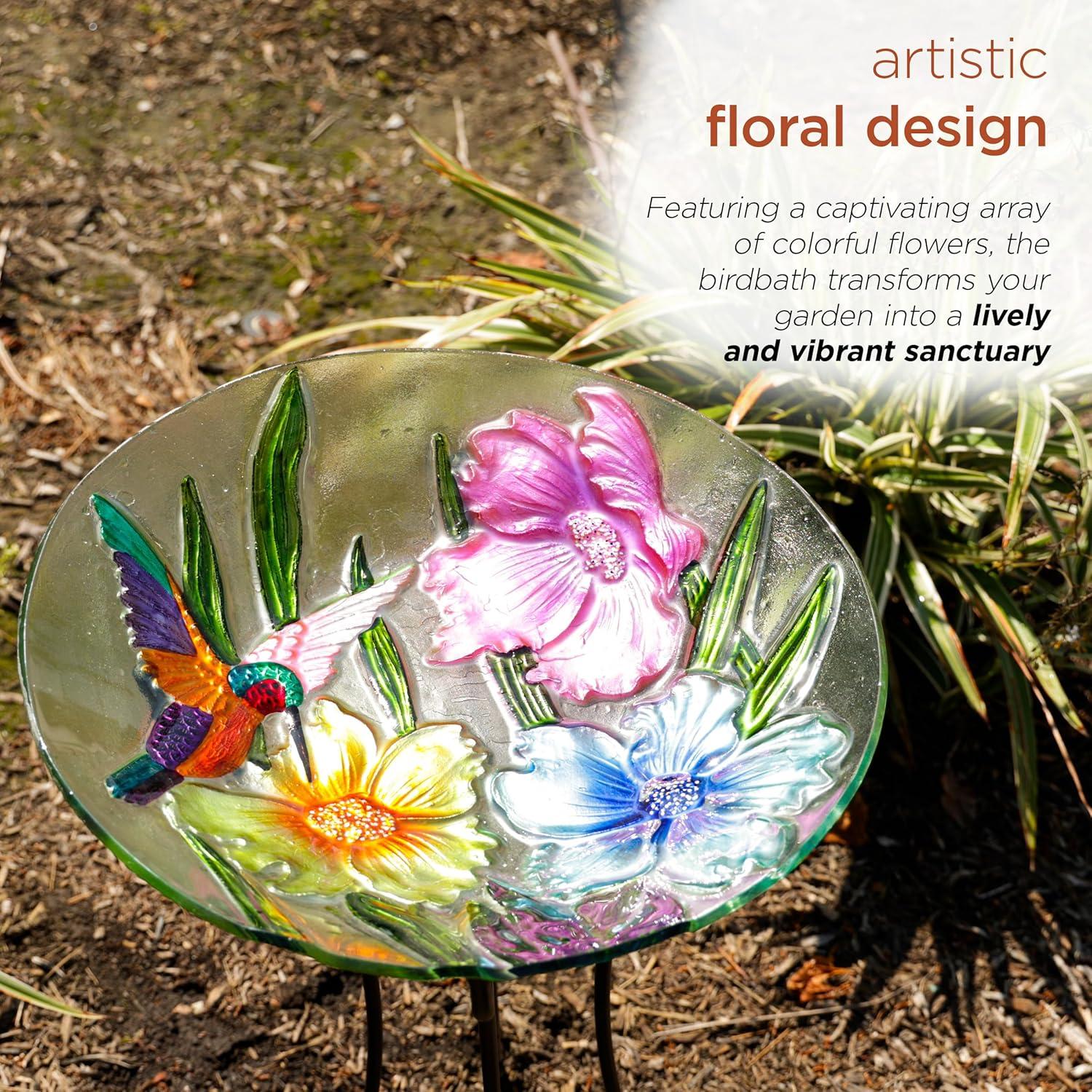 Colorful Glass Birdbath with Metal Stand, 18"