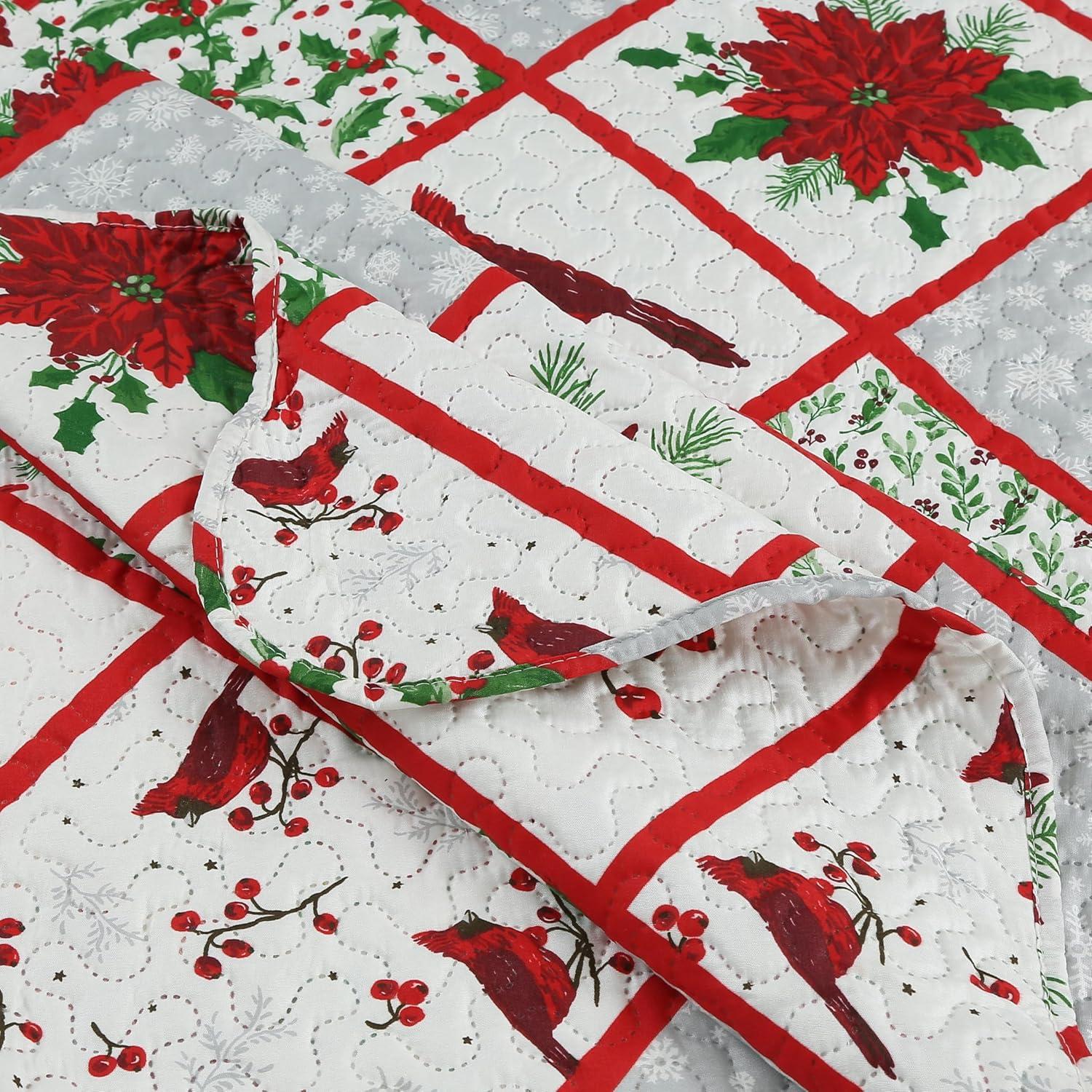 Printed Embossed Pinsonic Bedspread Soft Bedding Christmas Quilt Set, Red Cardinal Poinsettia