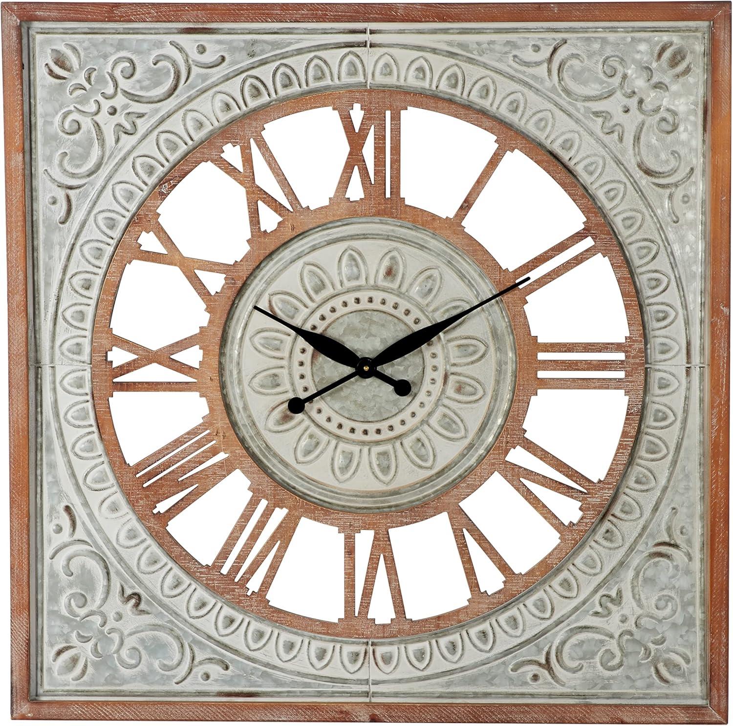 Metal Scroll Wall Clock with Embossed Metal Brown - Olivia & May: Silent, Square, Farmhouse Style