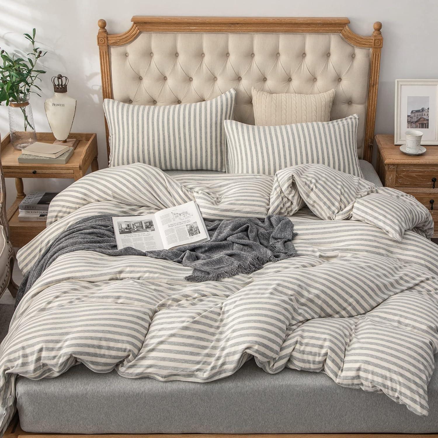 Pure Era Jersey Knit Duvet Cover Set 3pc Comfy Bedding Set(Grey & White Stripe, King)