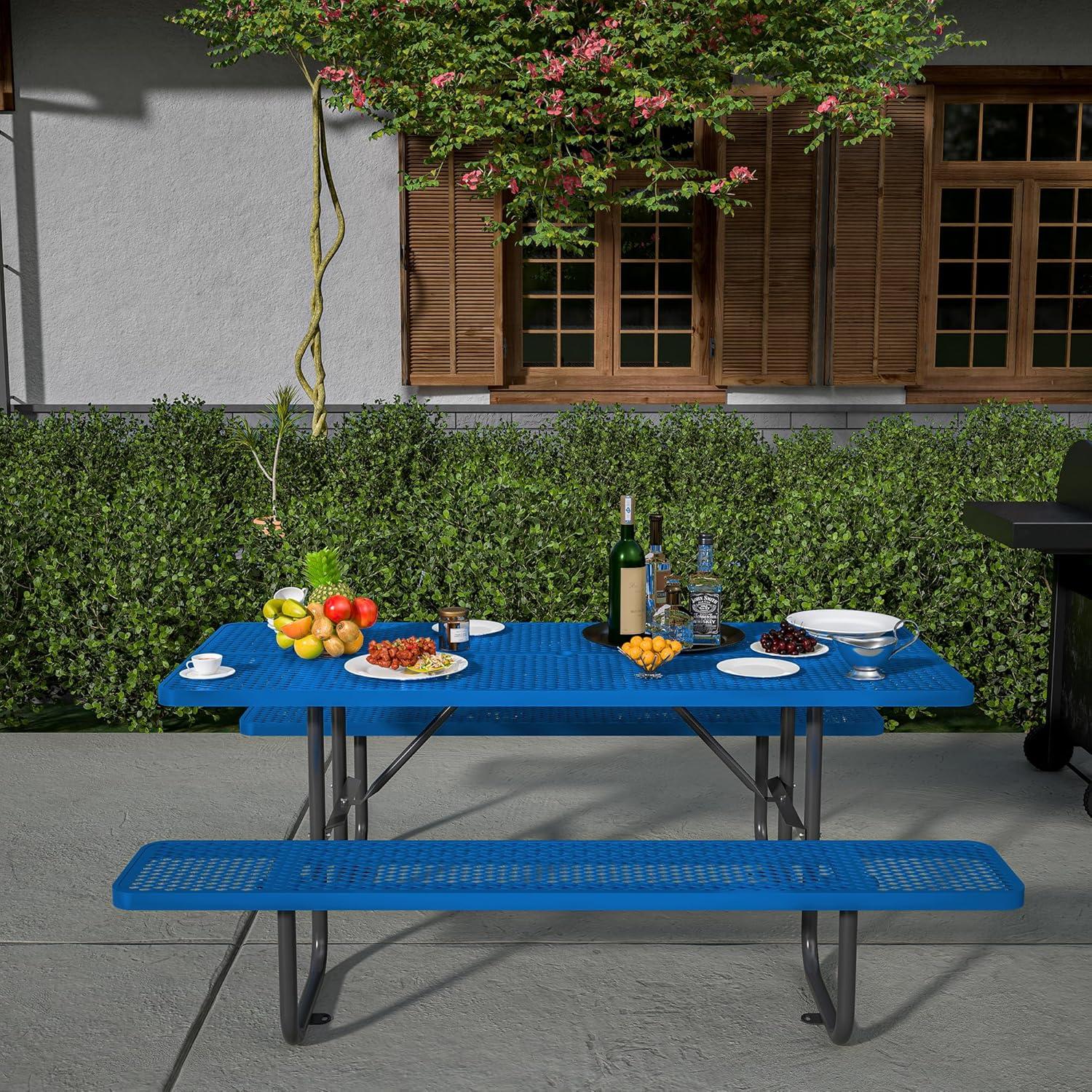 72'' Blue Rectangular Steel Outdoor Picnic Table with Umbrella Hole