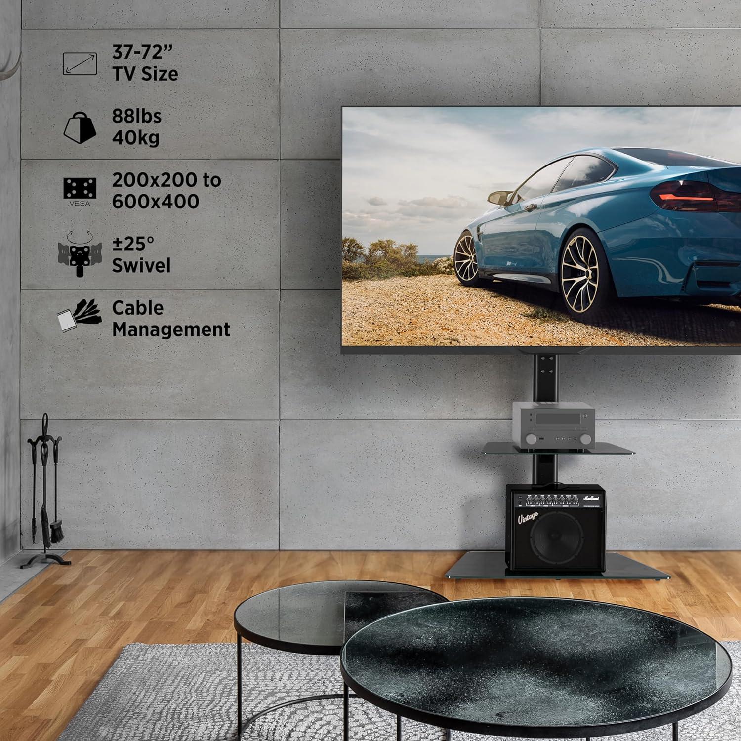 Promounts Modern Slim TV Stand with Mount for TVs 37" - 72" Up to 88 lbs with Tempered Glass Shelf