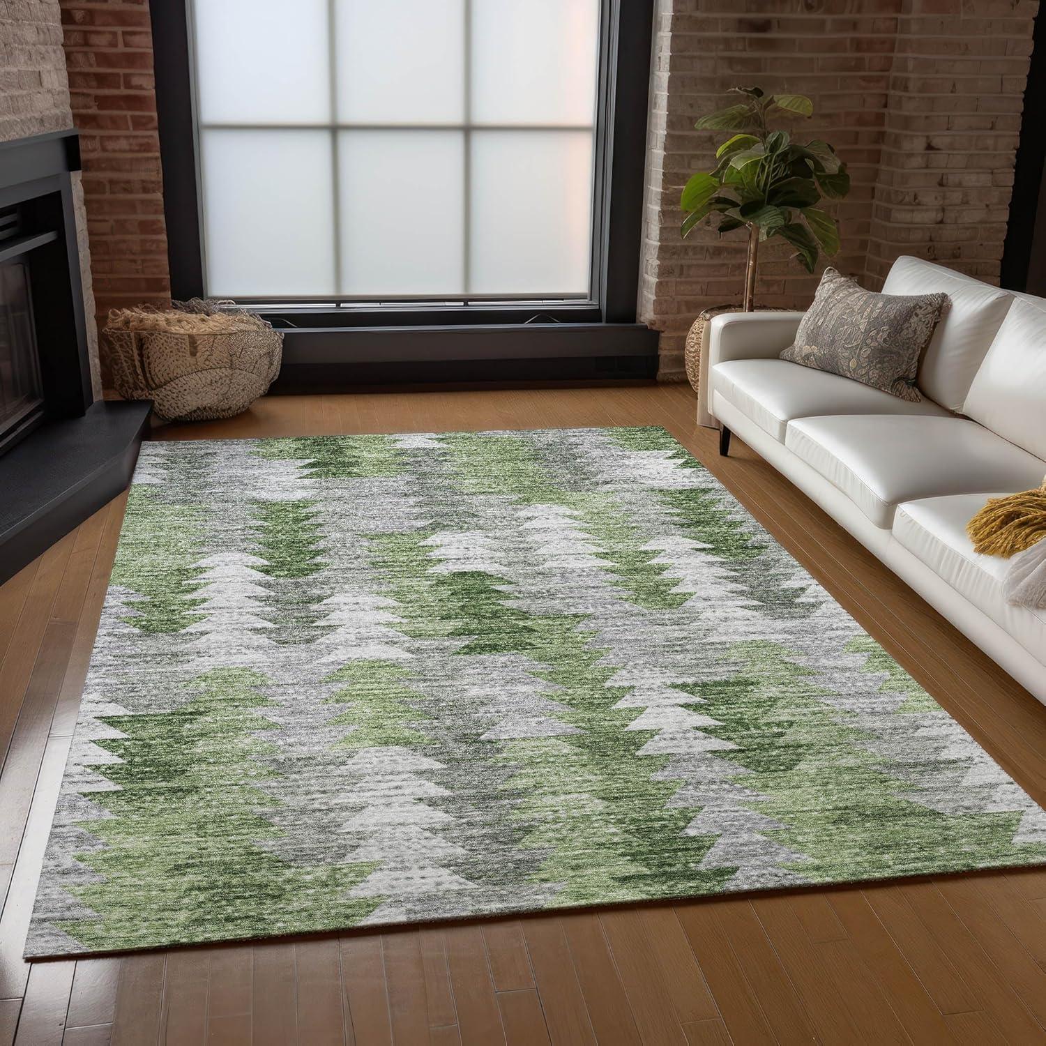 Green and Gray Rectangular Machine Washable Area Rug