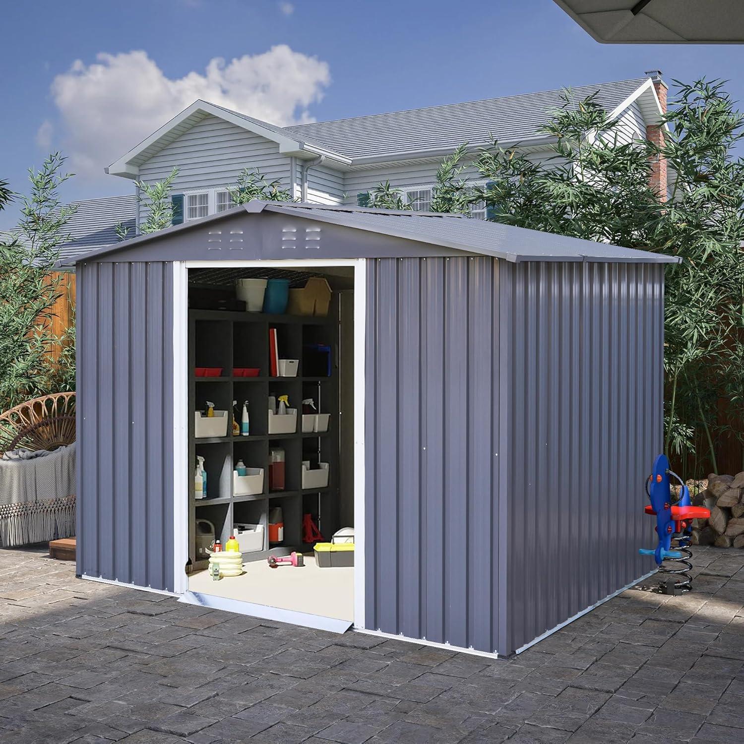 Dark Gray 8 x 6 FT Metal Outdoor Storage Shed with Sliding Doors