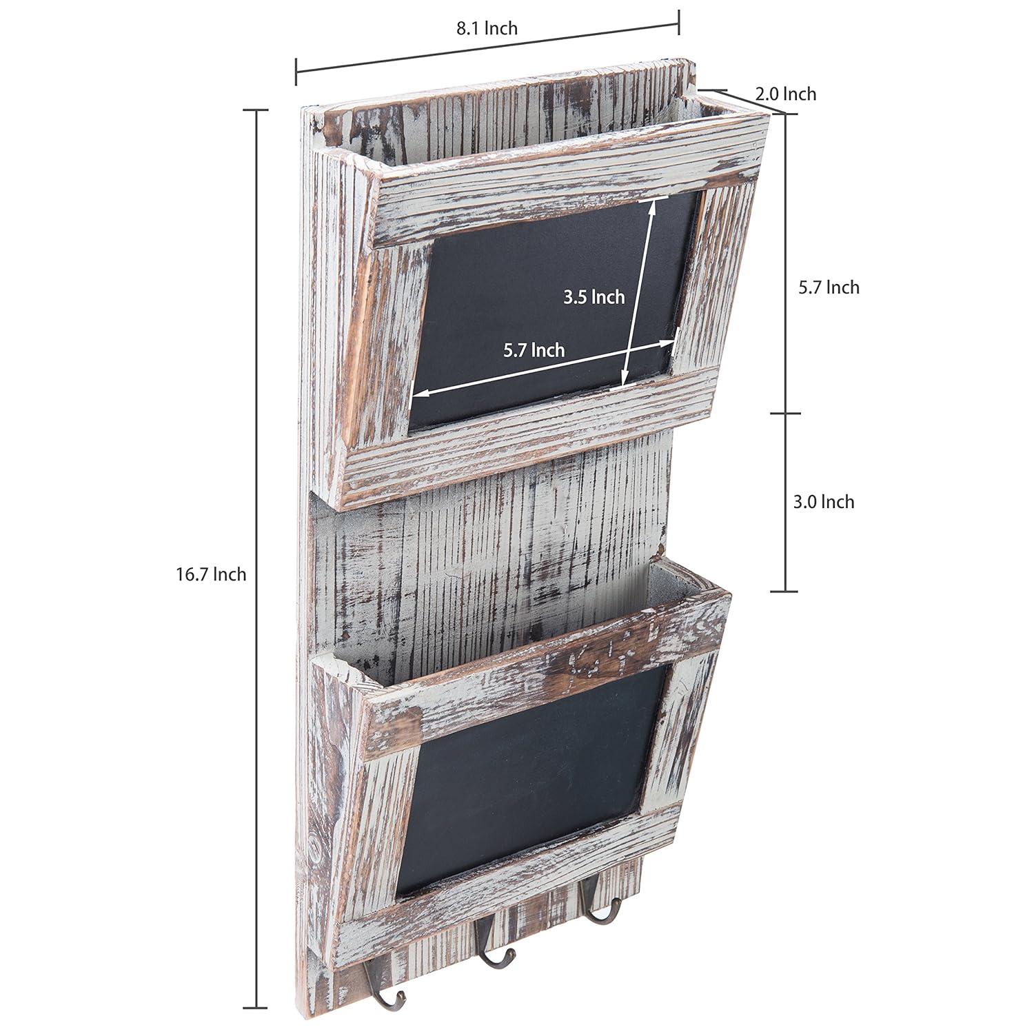MyGift Rustic Wood Wall-Mounted 2-Slot Mail Sorter Organizer with Chalkboard Surface and 3 Key Hook Rack