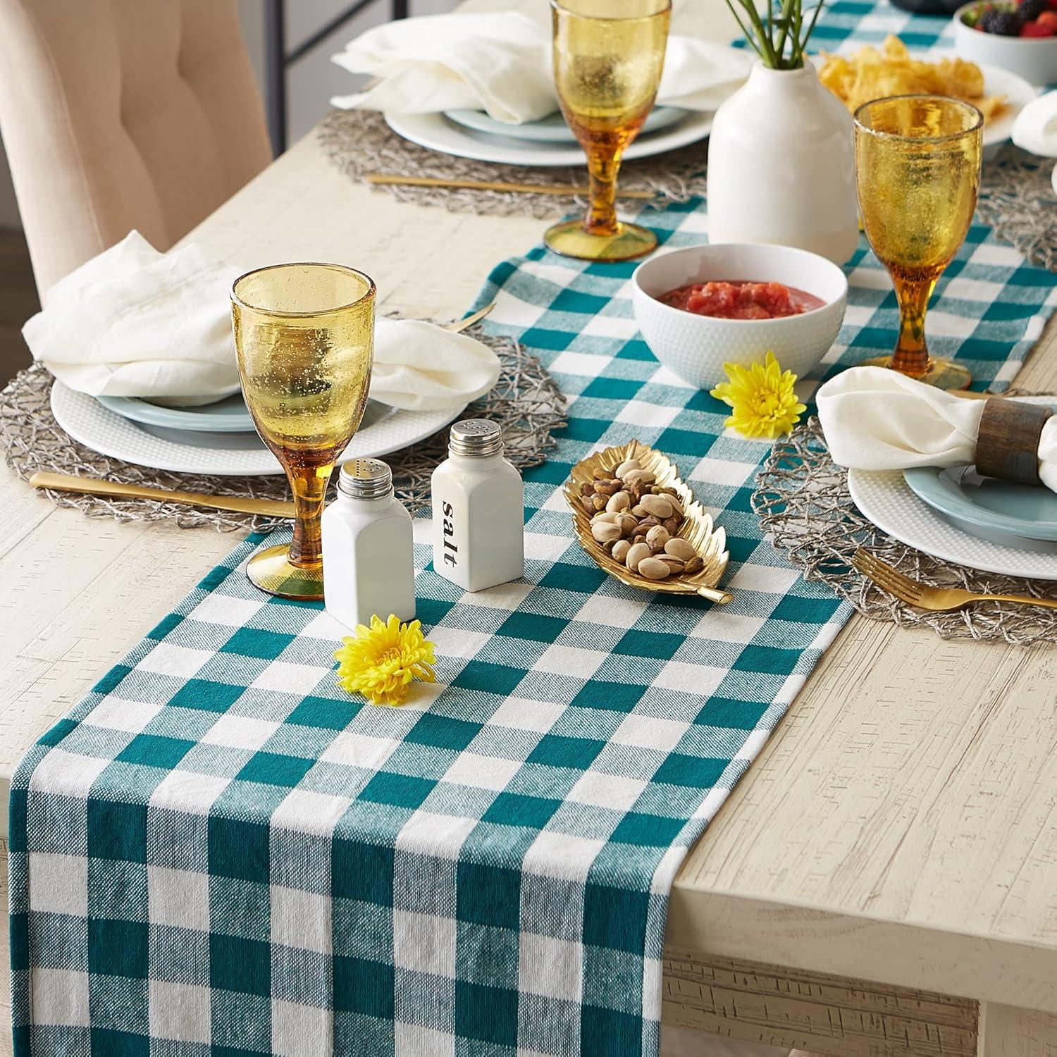 Teal Heavyweight Check Fringed Table Runner 14x72