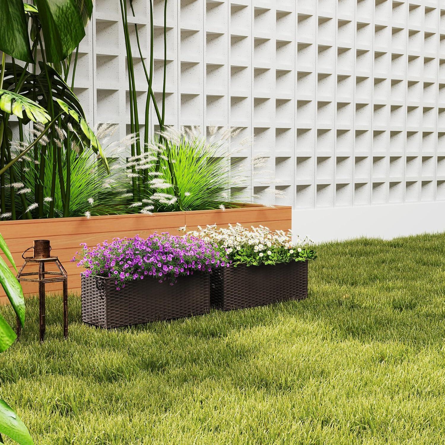 Outsunny Railing Planter Box (2 Pack, 20 Inch), Hanging Flower Pots with Hooks, Drainage Holes for Fence, Balcony, Garden, Patio, Rattan Look, Black