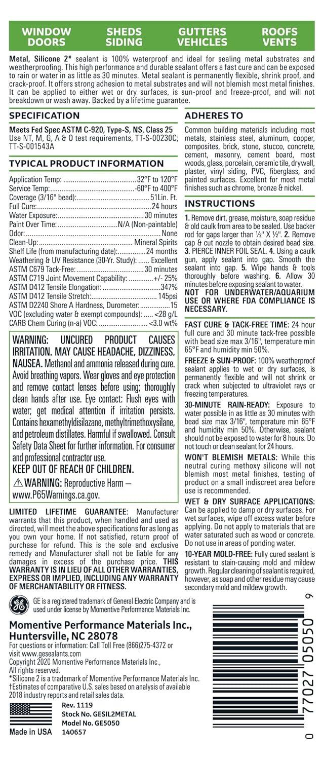 Ge Sealant,10.1 oz.,Alum and Metal 2816710