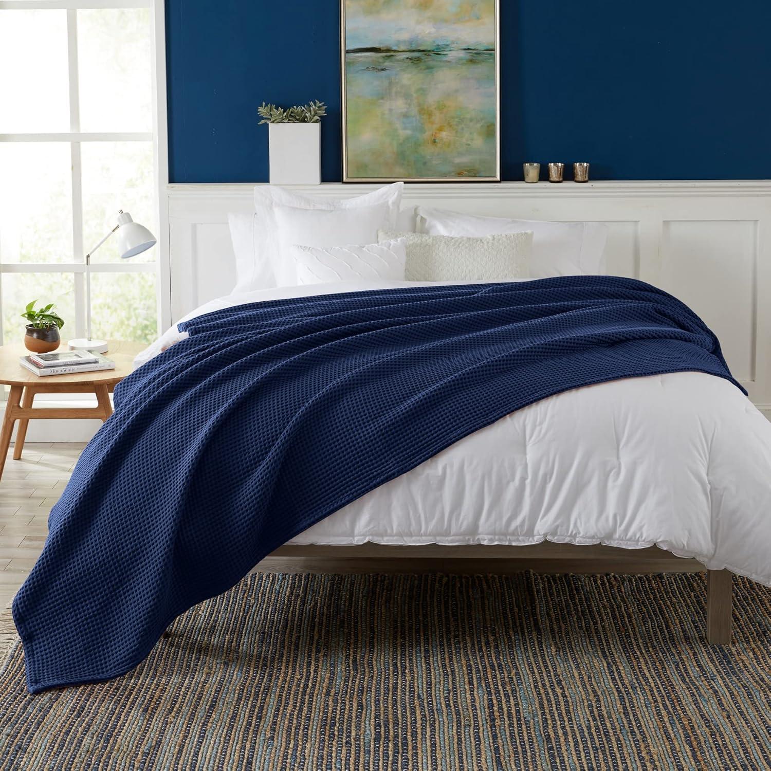Market & Place 100% Cotton Waffle Weave Bed Blanket King Navy