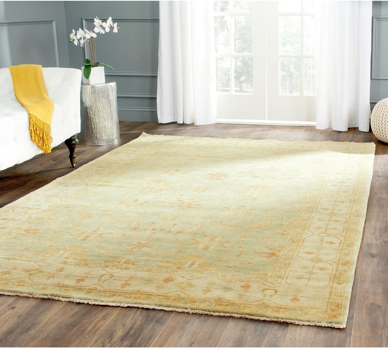 Hand-Knotted Ivory and Soft Green Wool 10' x 14' Rug