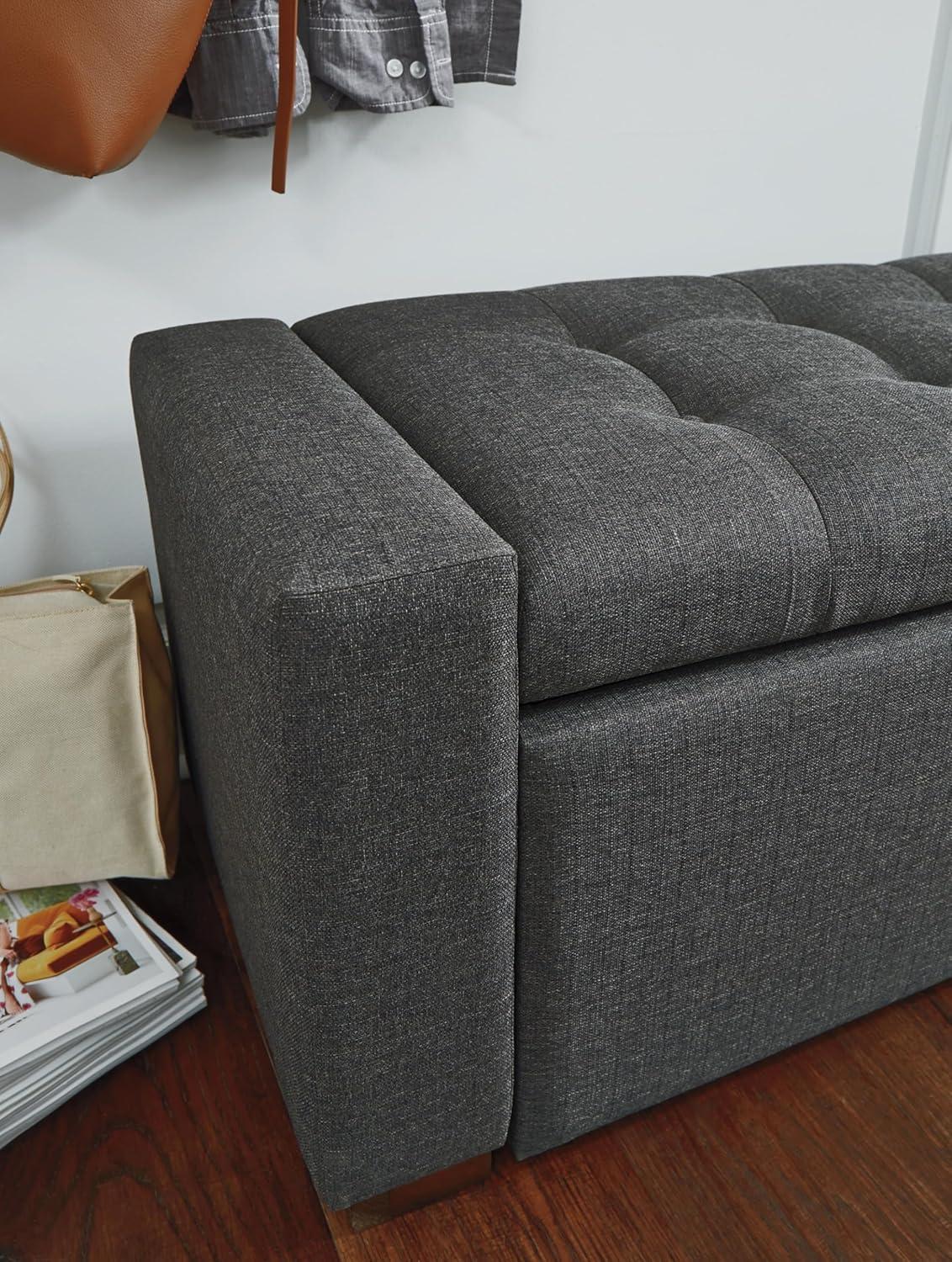 Transitional Charcoal Gray Tufted Storage Bench with Brown Wood Legs