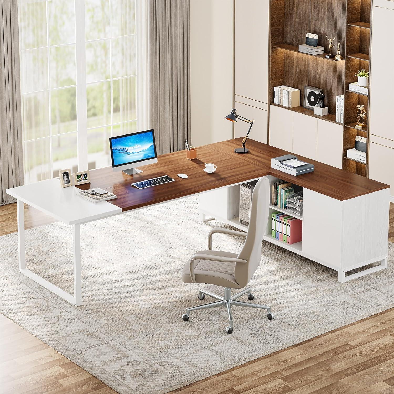 Tribesigns 70.8" L-Shaped Executive Desk with 55" File Cabinet, Large Home Office Computer Desk with Storage Shelves and Cabinet, Modern Business Furniture Set Home Office Workstation, Walnut White