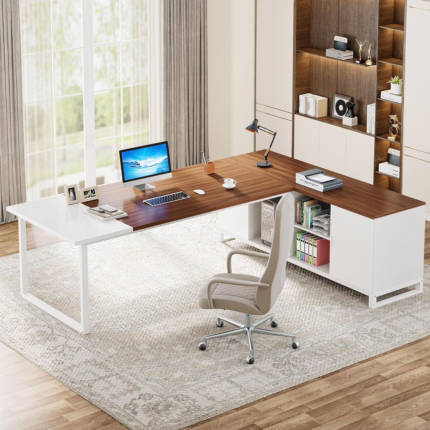 Tribesigns 70.8" Executive Desk with 55" File Cabinet, Industrial L Shaped Computer Desk, Large Executive Desk for Home Office, Walnut & White
