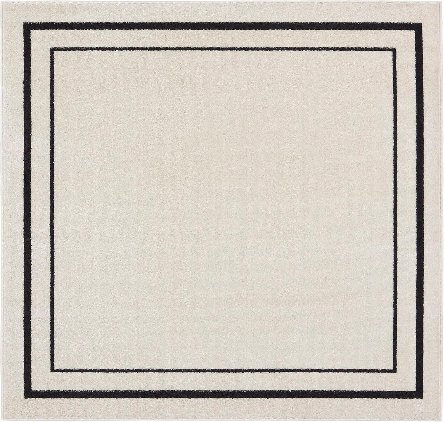 Contemporary Ivory/Black Square Outdoor Rug, Easy-Care Synthetic