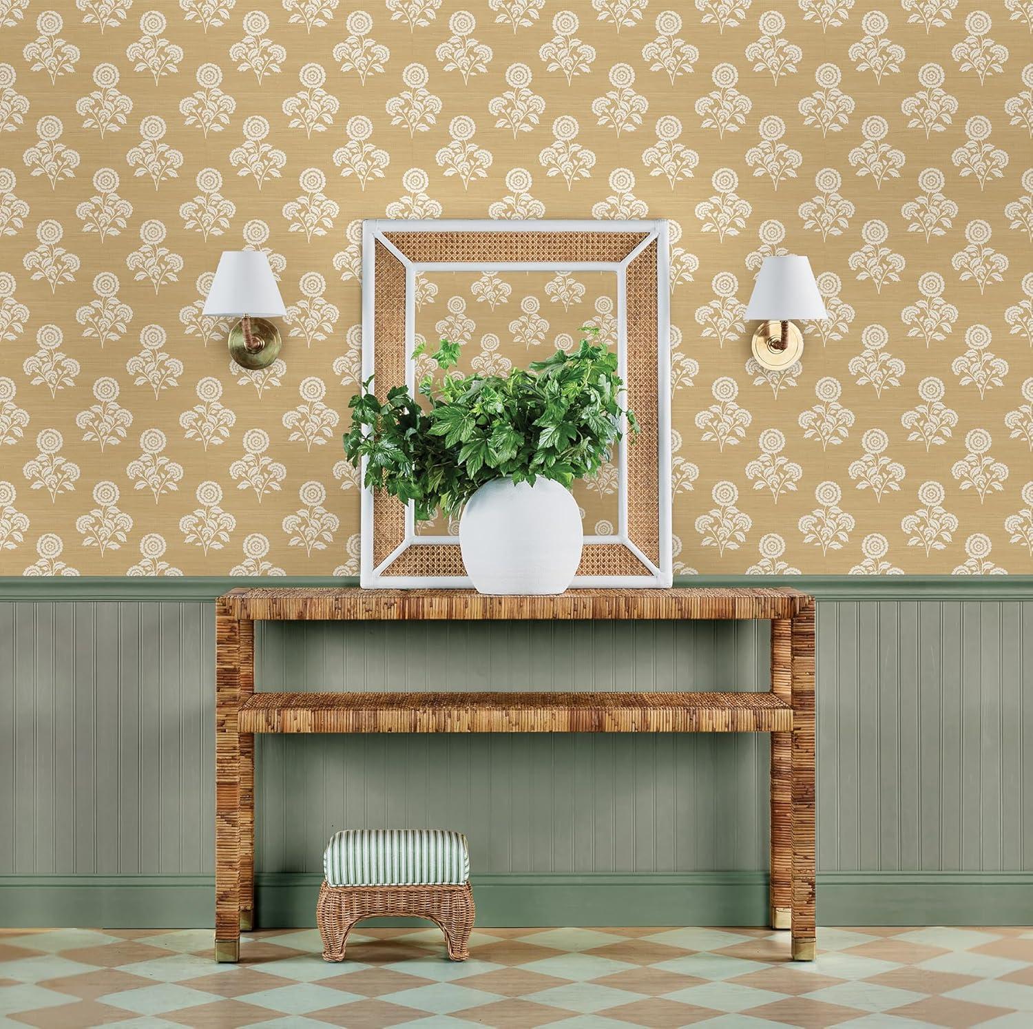 Brewster Flourish Block Print Wheat Faux Grasscloth Peel and Stick 1pc Wallpaper