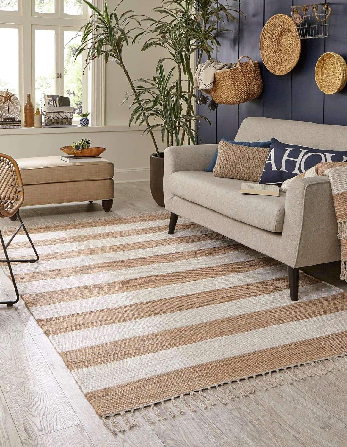 Unique Loom Chindi Rag Collection Area Rug - Striped (9'  x 12' 2" Rectangle Beige/Ivory)