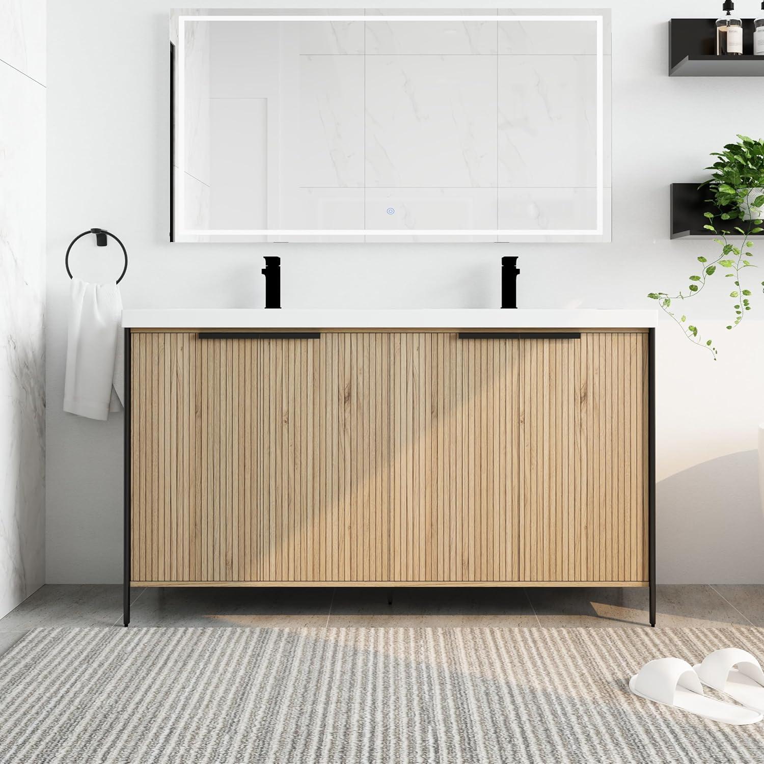 SSLine 60" Bathroom Vanity with Double Sink Mid-Century Modern Bathroom Sink Cabinet Freestanding Bathroom Vanities with Double White Top Basin and Adjustable Storage Shelves, Natural Brown Stripe