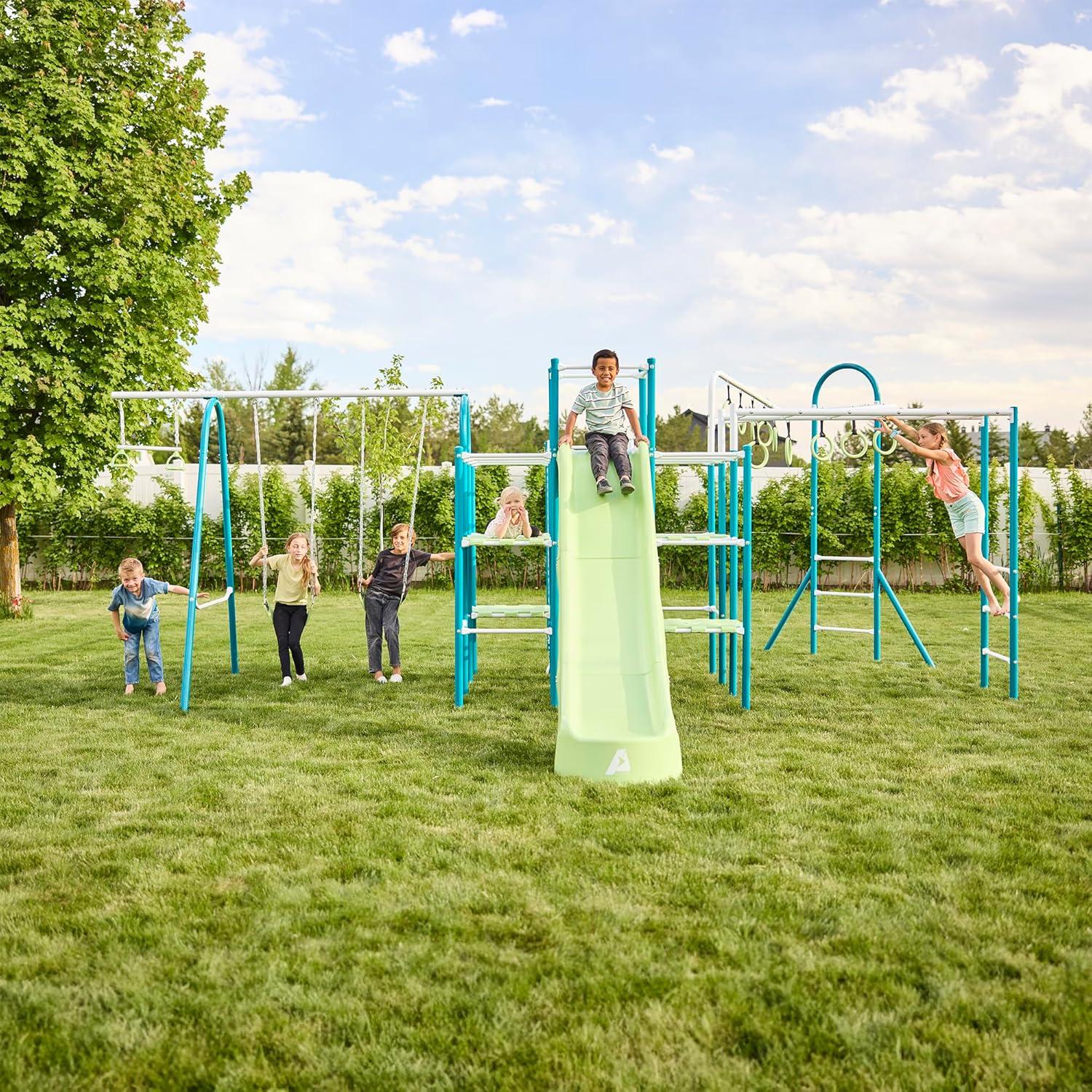 Modular Green and White Metal Jungle Gym with Slide and Swings