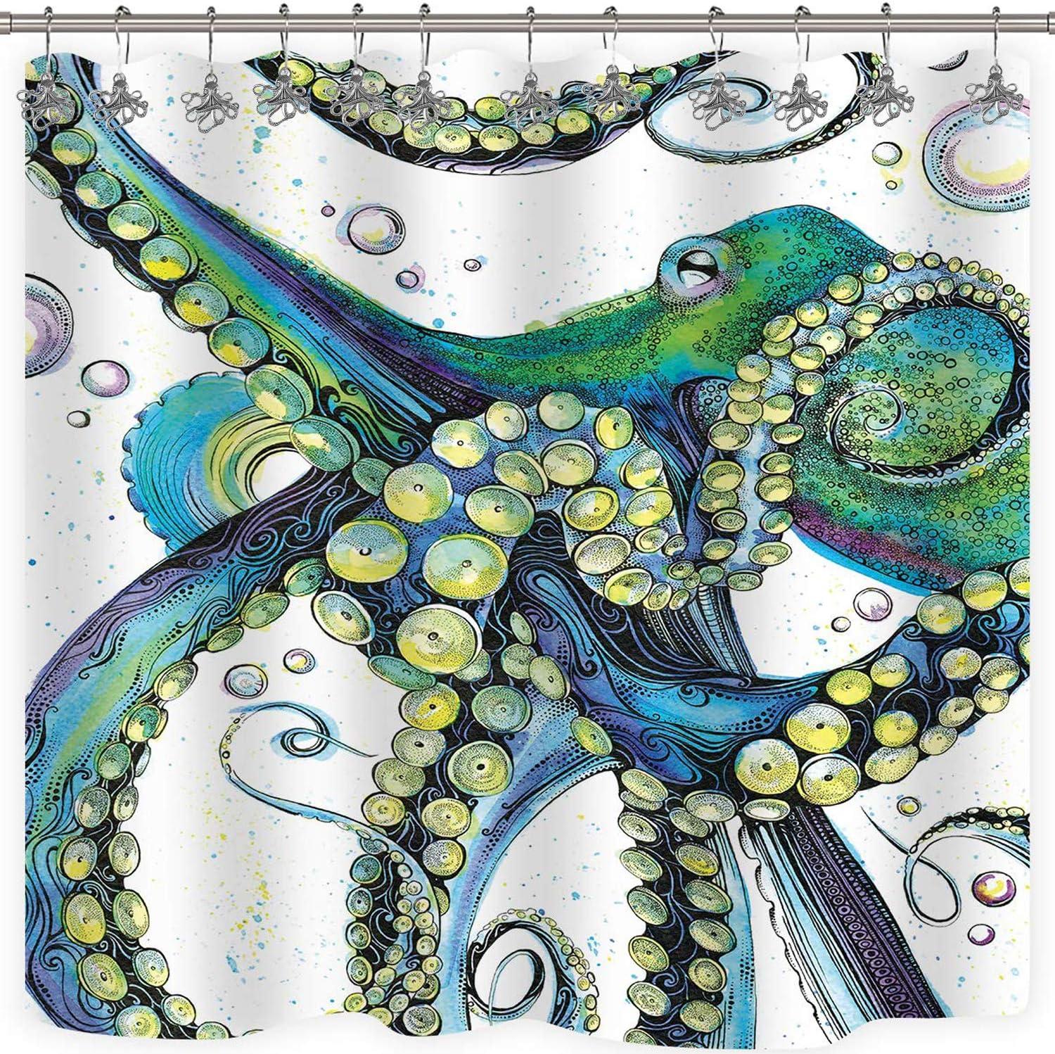 Set of 12 Octopus Shower Curtain Hooks Decorative Home Bathroom Squid Sea Creature Beast Stainless Steel Rustproof Brushed Nickel Rings with Octopus Decorative Accessories (Silver)