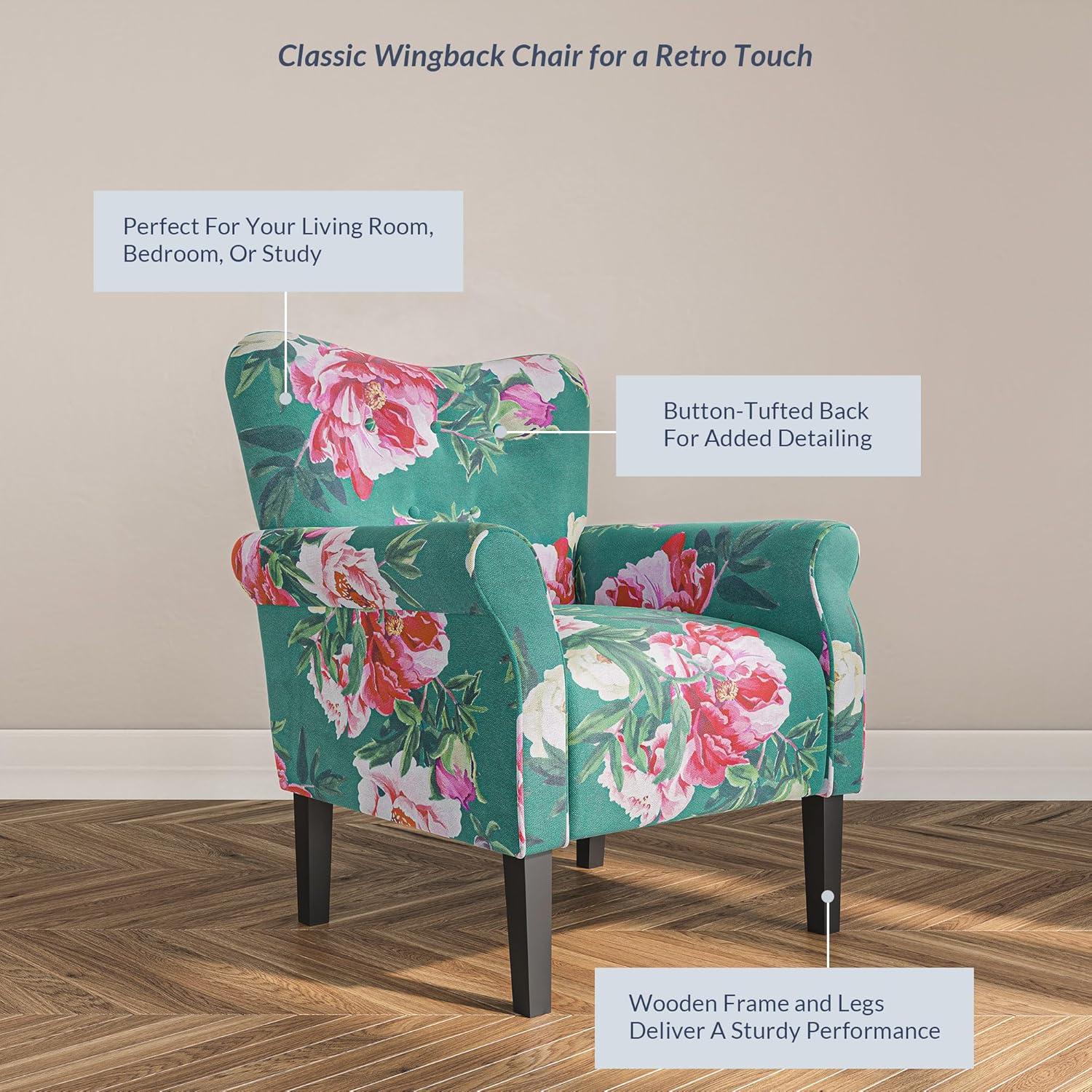 BELLEZE Modern Accent Chair for Living Room, High Back Linen Armchair with Wooden Legs, Upholstered Wingback Side Chair Padded Armrest Single Sofa for Living Room, Bedroom - Allston (Green & Flower)