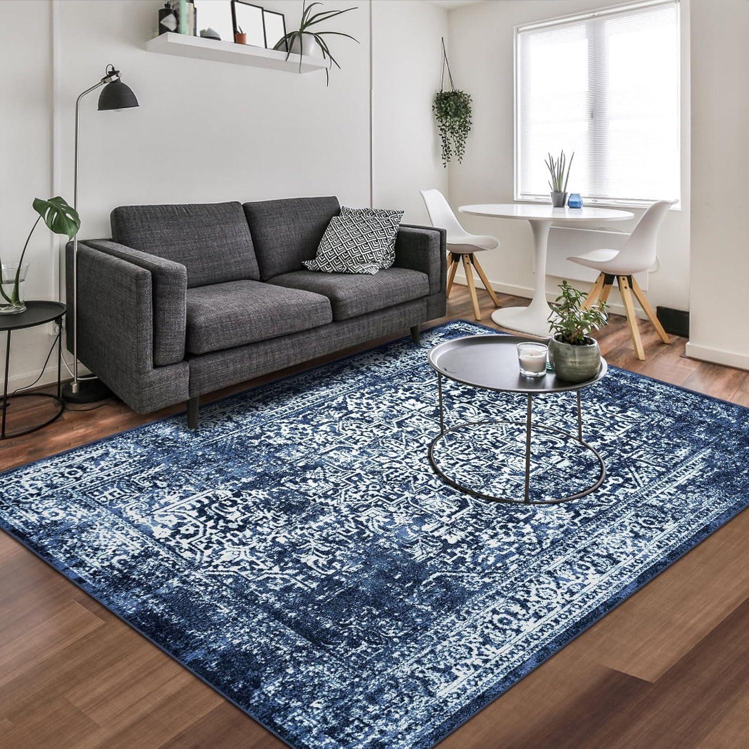 Rugs.com Oregon Collection Rug – 6' x 9' Blue Low-Pile Rug Perfect For Living Rooms, Large Dining Rooms, Open Floorplans