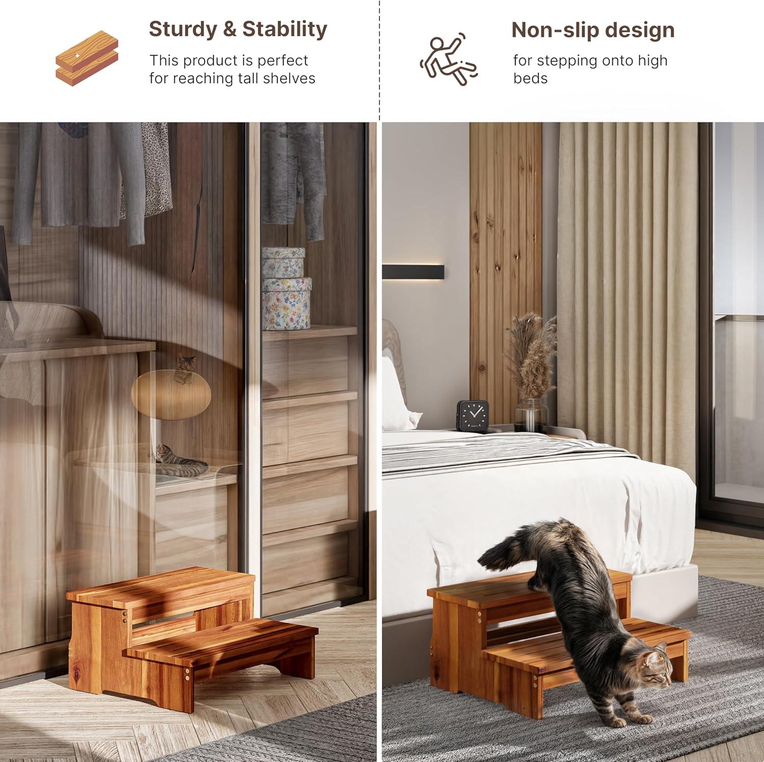 TINAMO 25" Long Step Stool for Adult & Kid - Wooden Two Step Stool 500 Lbs - Riser 2-Step Spa & Hot Tub Stairs for Pool - Heavy Duty 2 Step Stools for Bed, Kitchen/Outdoor - Patent Pending (Acacia)