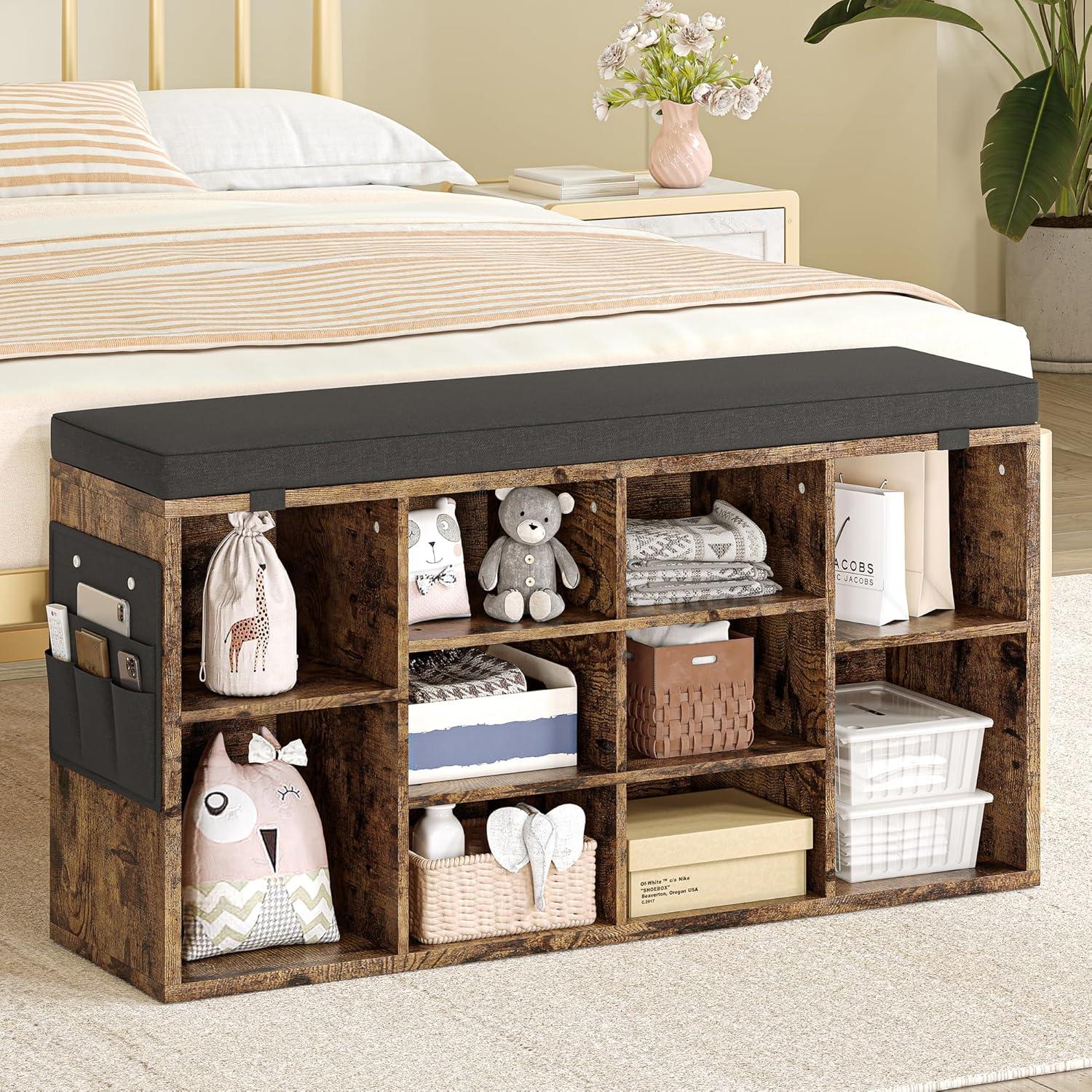 Towallmark 41" Shoe Storage Bench Cubby Organizer for Entryway, Shoe Bench Storage Rack with Foam Pad Seating Cushion for Hallway Bedroom Living Room Dorm and Small Apartment (Grey)
