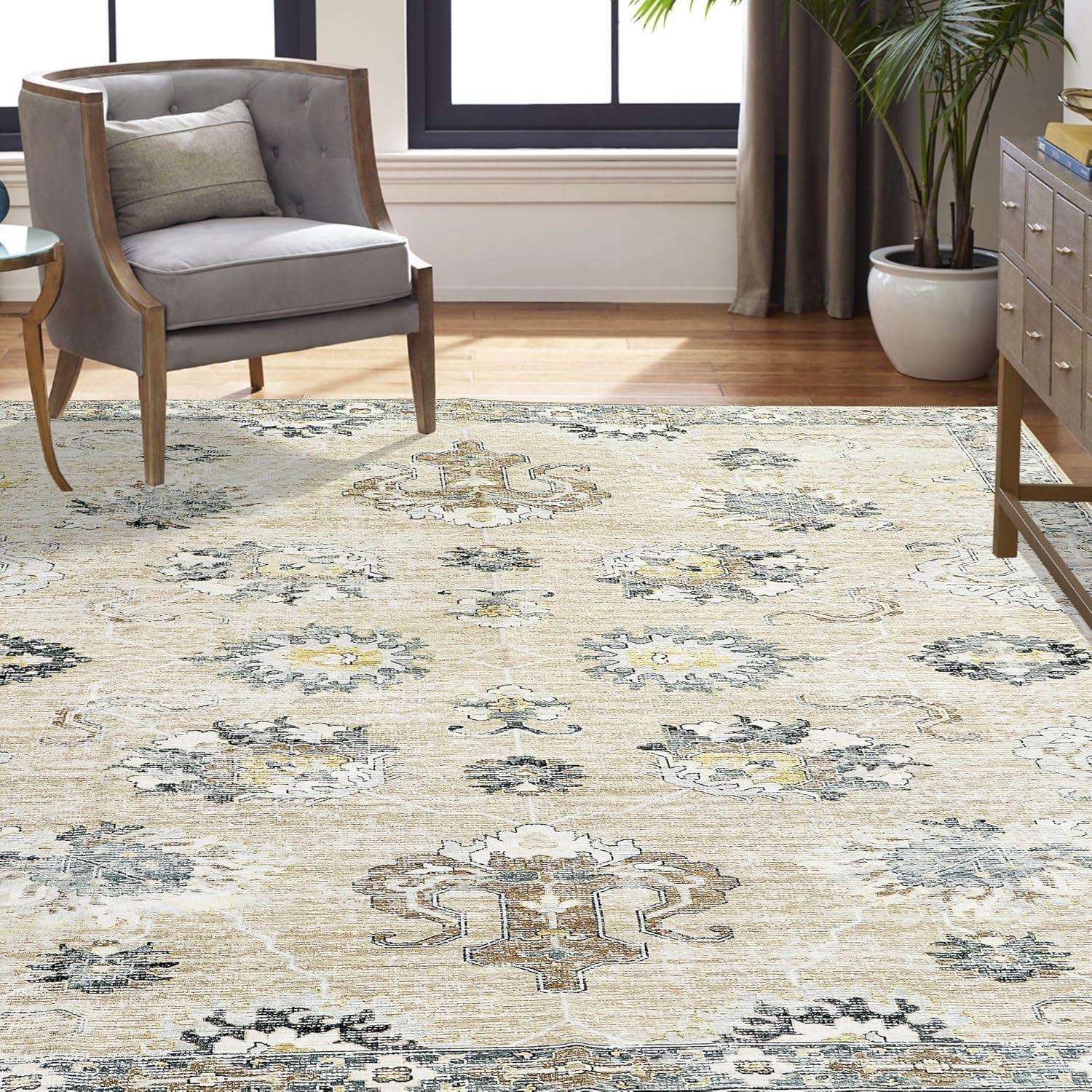 Blue and Beige 4' x 6' Washable Oriental Rug