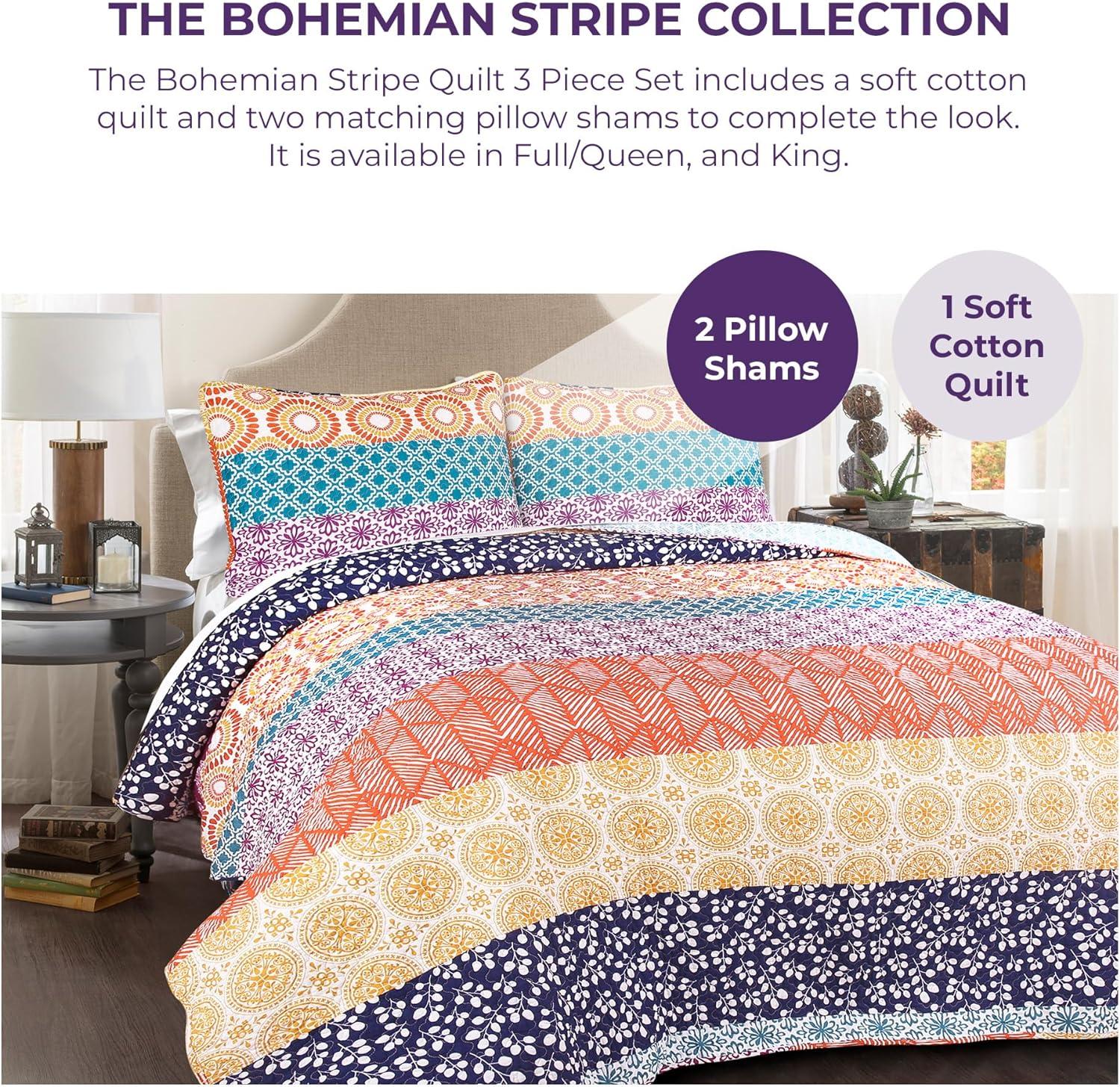 3pc Bohemian Stripe Reversible Oversized Cotton Quilt Bedding Set - Lush Décor