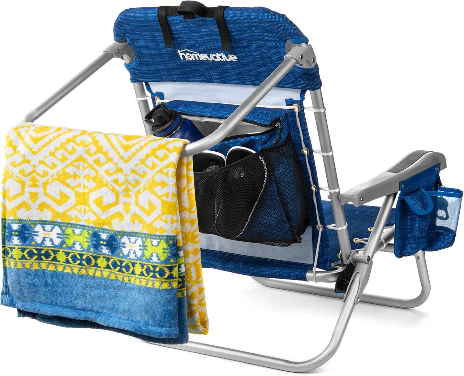 Homevative Cooler+ Folding Backpack Beach Chair with 5 Positions, Towel bar, XL Cooler Pouch, Storage Net, Cup and Phone