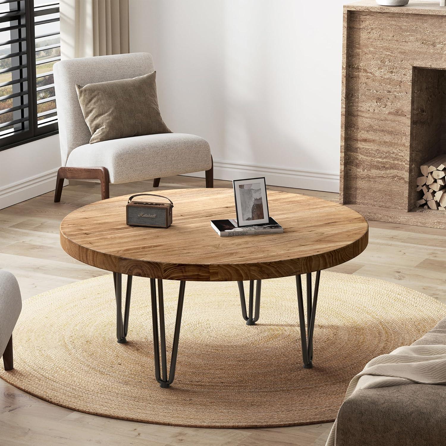 Natural Elm Wood Round Coffee Table with Black Metal Legs