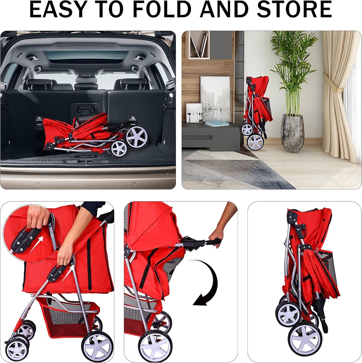 Pet Stroller, 4 Wheels Multifunction Dog Cat Stroller, Folding Portable Travel Stroller with Detachable Carrier, Suitable for Medium Small Dogs Cats, Red