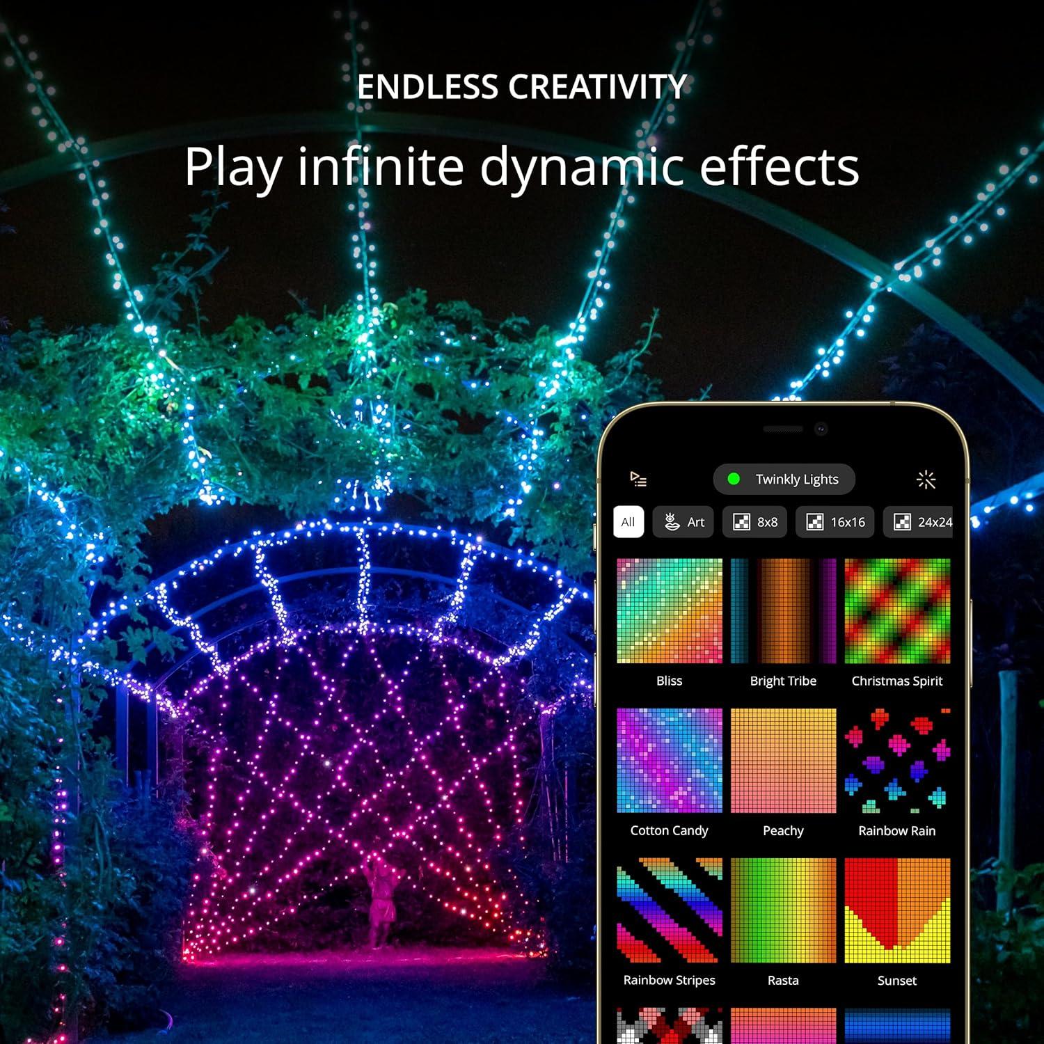 Twinkly Strings 250 LED RGB+White, in- and Outdoor LED Light String, Smart Multicolor LED Lights, Mappable LEDs, Compatible with Alexa and Google Home, IP44, Green Wire, 65ft