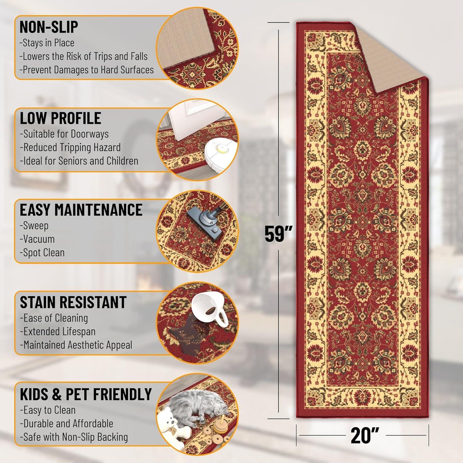 Ottohome Non-Slip Medallion Oriental Area Rug For Living Room, Hallway, Entryway Rug, Dark Red
