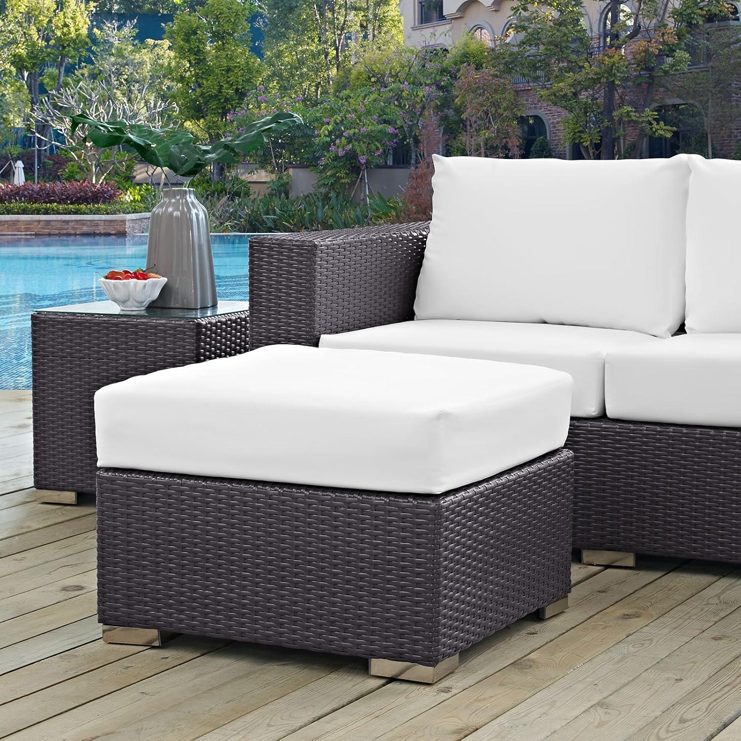 Modway Convene Square Fabric and Rattan Patio Ottoman in Espresso/White