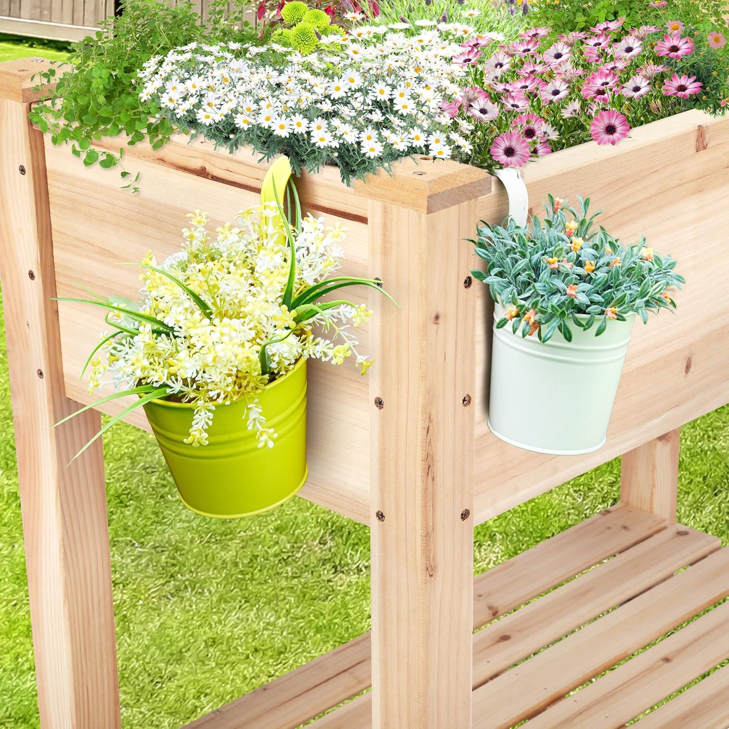 Natural Wood Raised Garden Bed with Storage Shelf