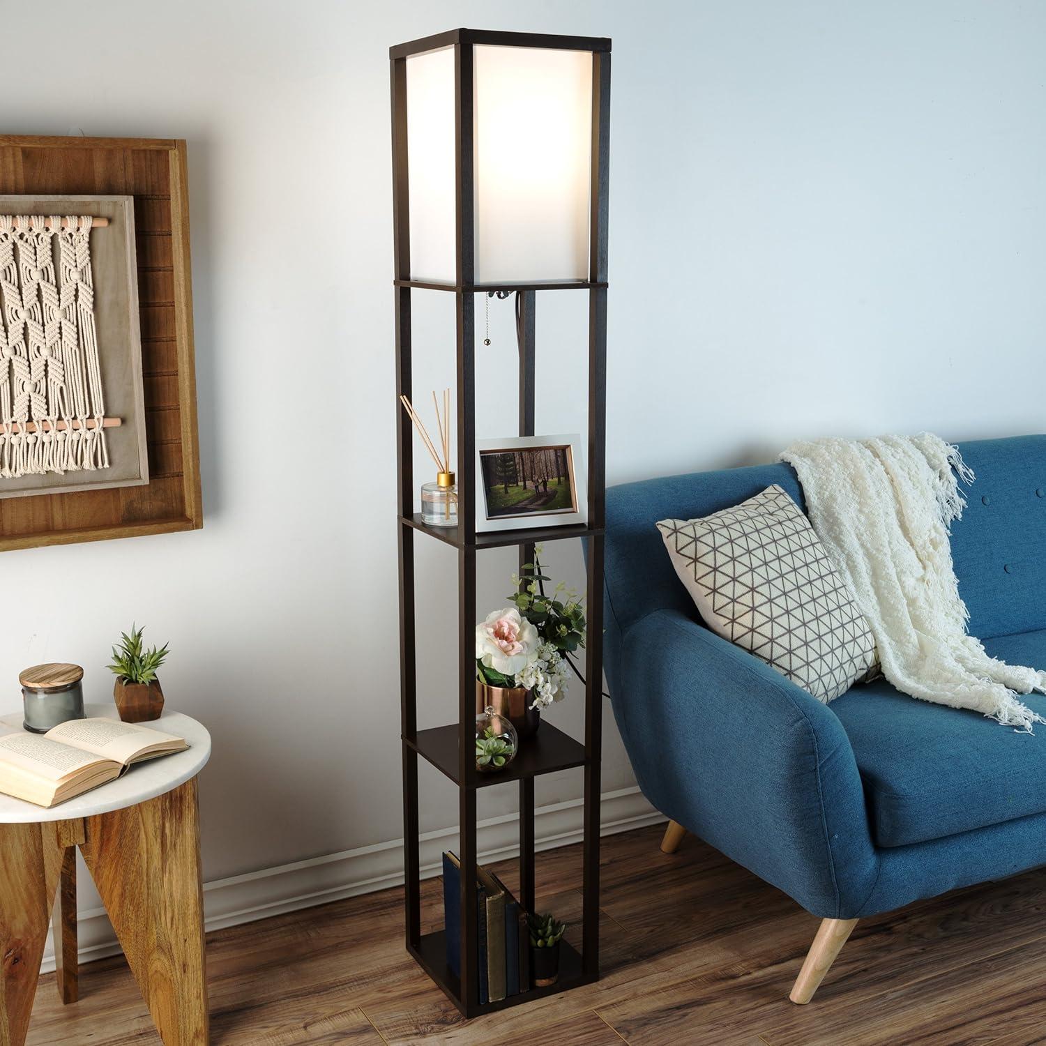 Modern Etagere Floor Lamp with White Shade and Brown Storage Shelving