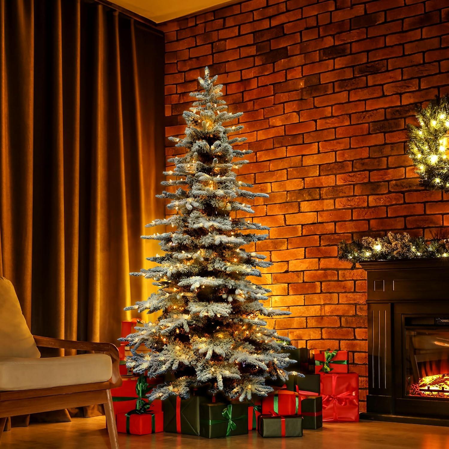 Fraser Hill Farm Fraser Hill Farm Flocked Mountain Pine Christmas Tree with LED Lights