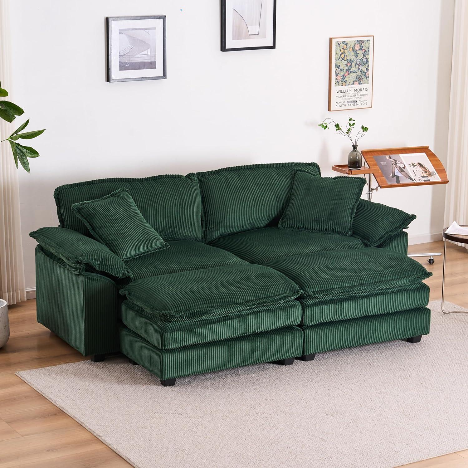 Green Corduroy Loveseat Sofa with Ottomans and Pillows