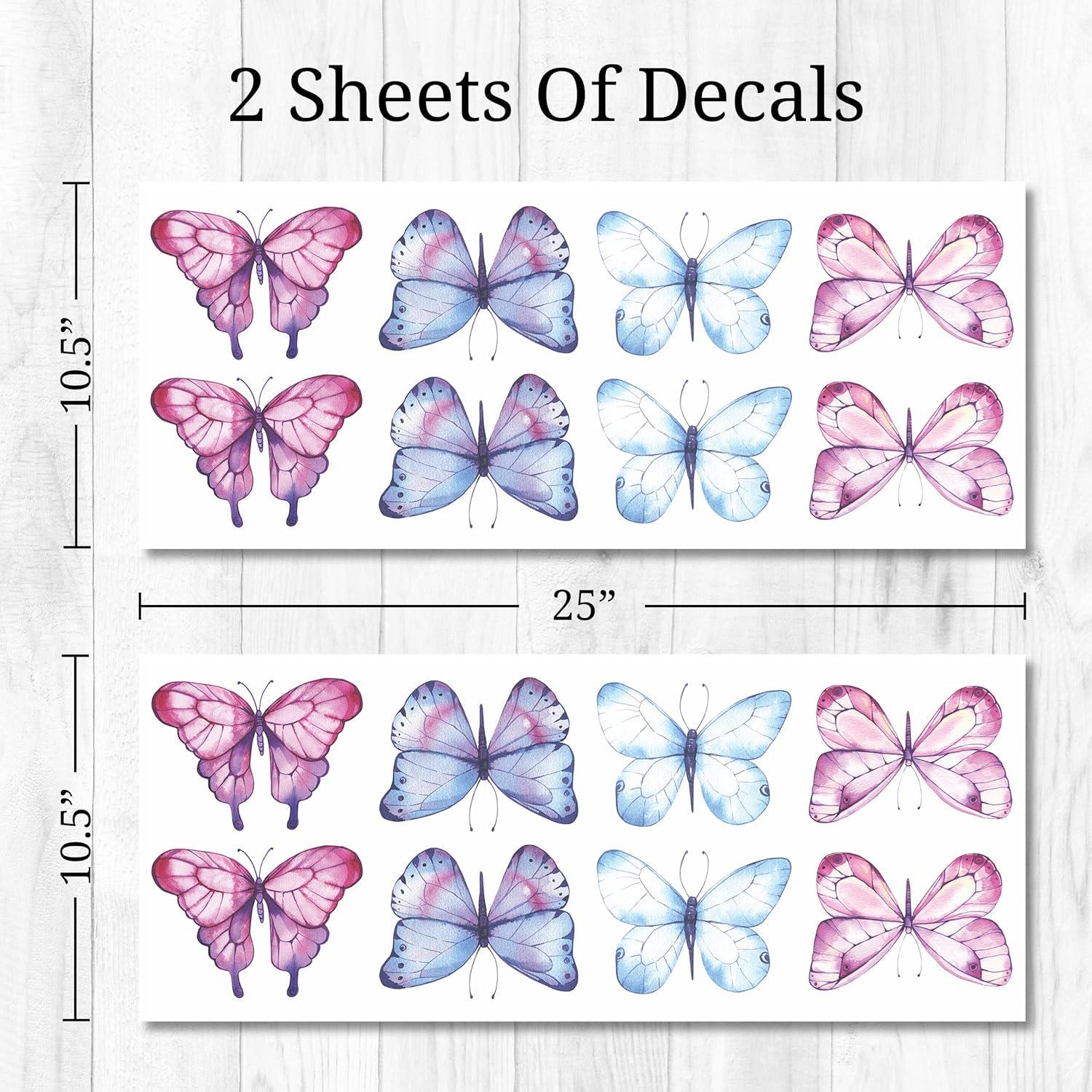 Decalcomania Butterfly Wall Decals - Set of 16 Watercolor Butterflies Wall Stickers for Girls Bedroom Kitchen Bathroom Room Decor Removable Peel and Stick Indoor Décor