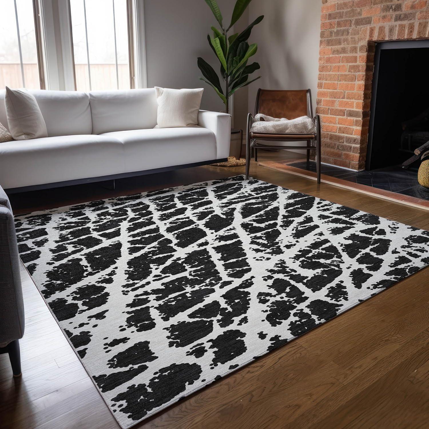 Black and White Synthetic Washable Rectangular Area Rug