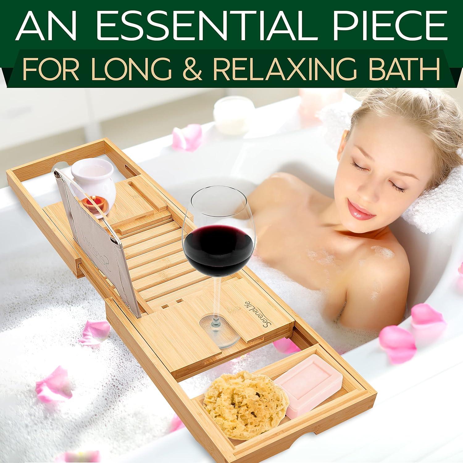 SereneLife Luxury Bamboo Bathtub Caddy - Adjustable Natural Wood with Glass Holder