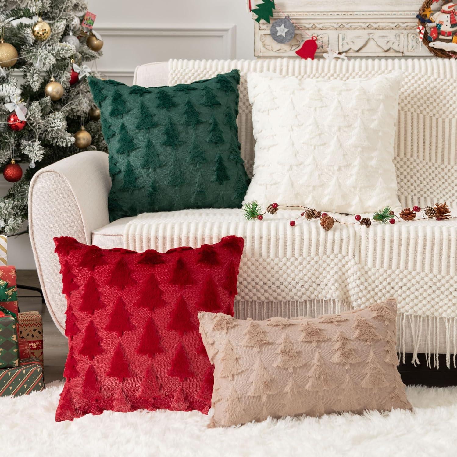 UGASA Pillow Covers 20x20 Inch Set of 2 Soft Plush Faux Fur Christmas Tree Decorative Luxury Jacquard Throw Pillows Pillowcases for Couch Sofa Holiday Festivals Home Decor, Burgundy