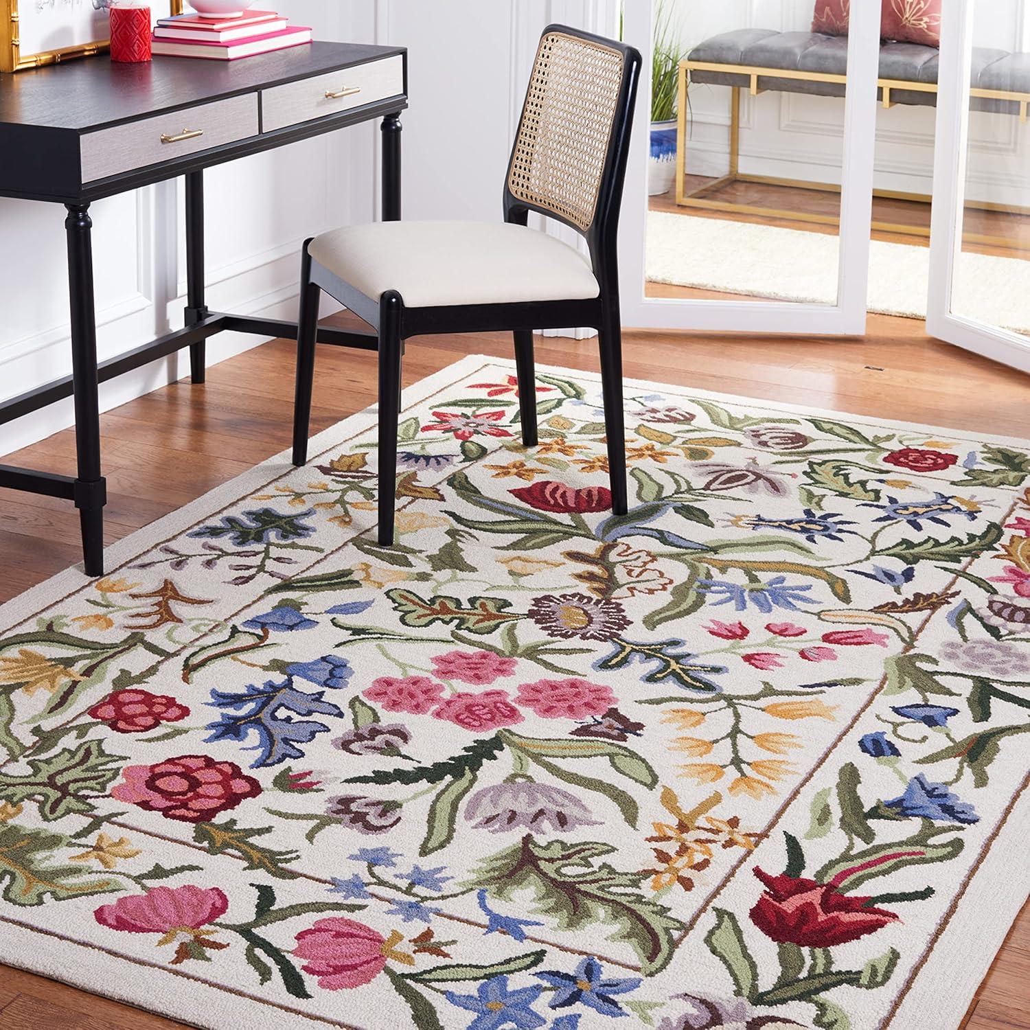 Ivory Floral Wool Handmade Square Area Rug