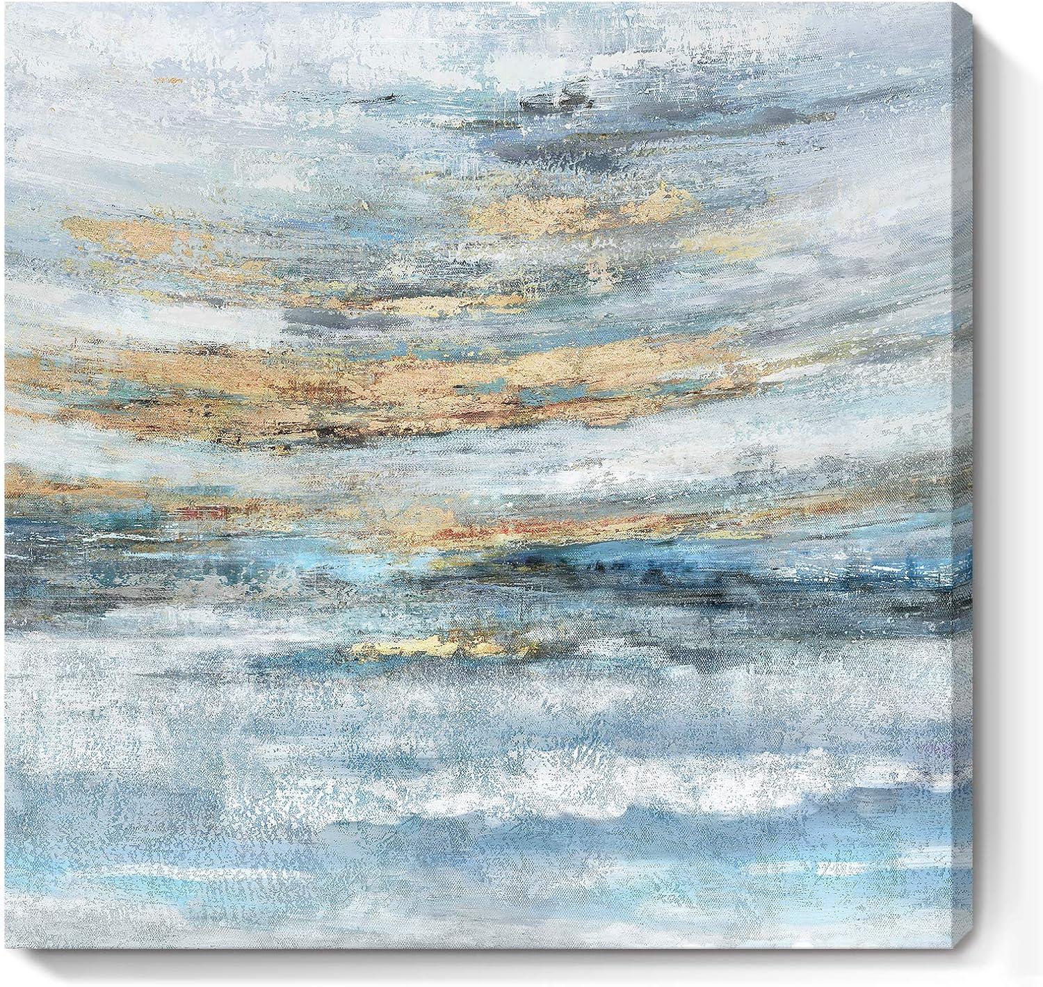 Abstract Coastal Sunrise Landscape Canvas Print in Blue and Gold