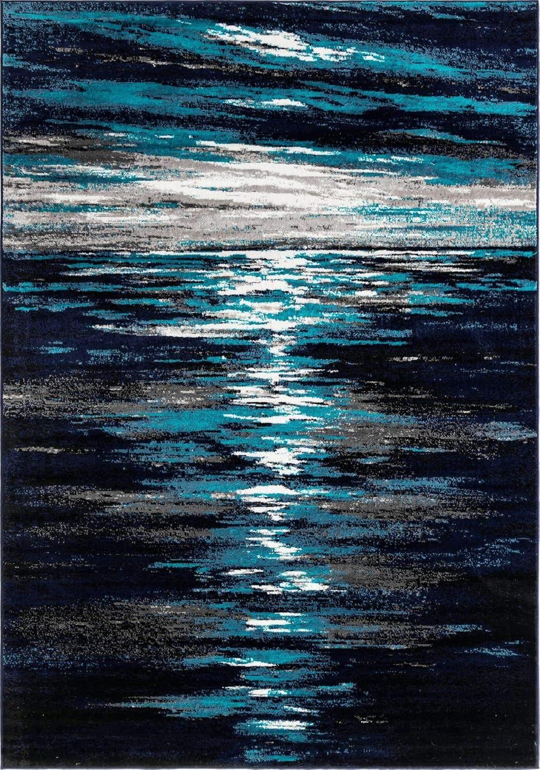Navy Blue Abstract Rectangular Synthetic Indoor Rug, 7x10 ft