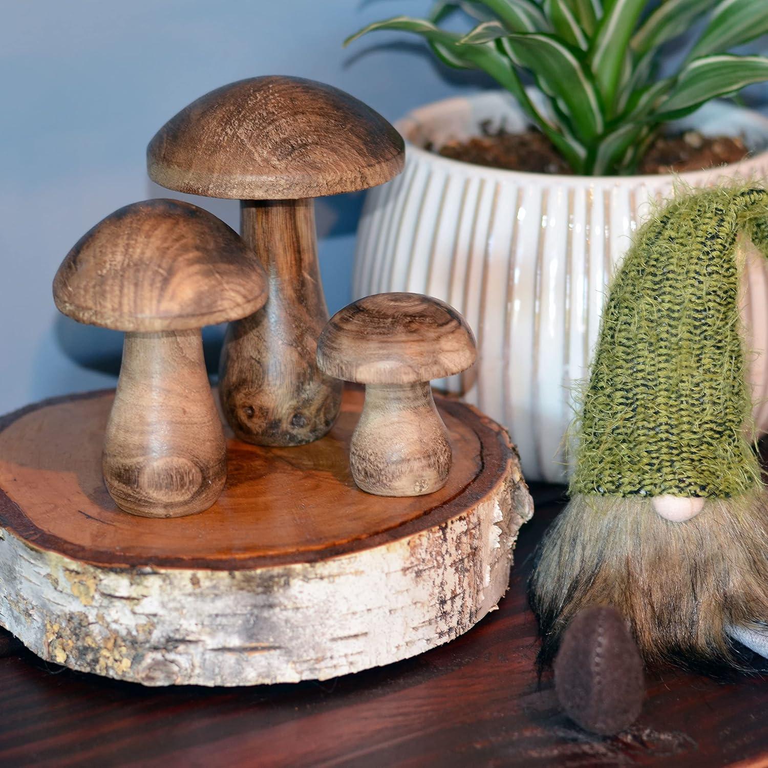 WHW Whole House Worlds Farmers Market Mushrooms, Set of 3, Decorative Figurines, Art, Dark Mango Wood, 4.75 Inches
